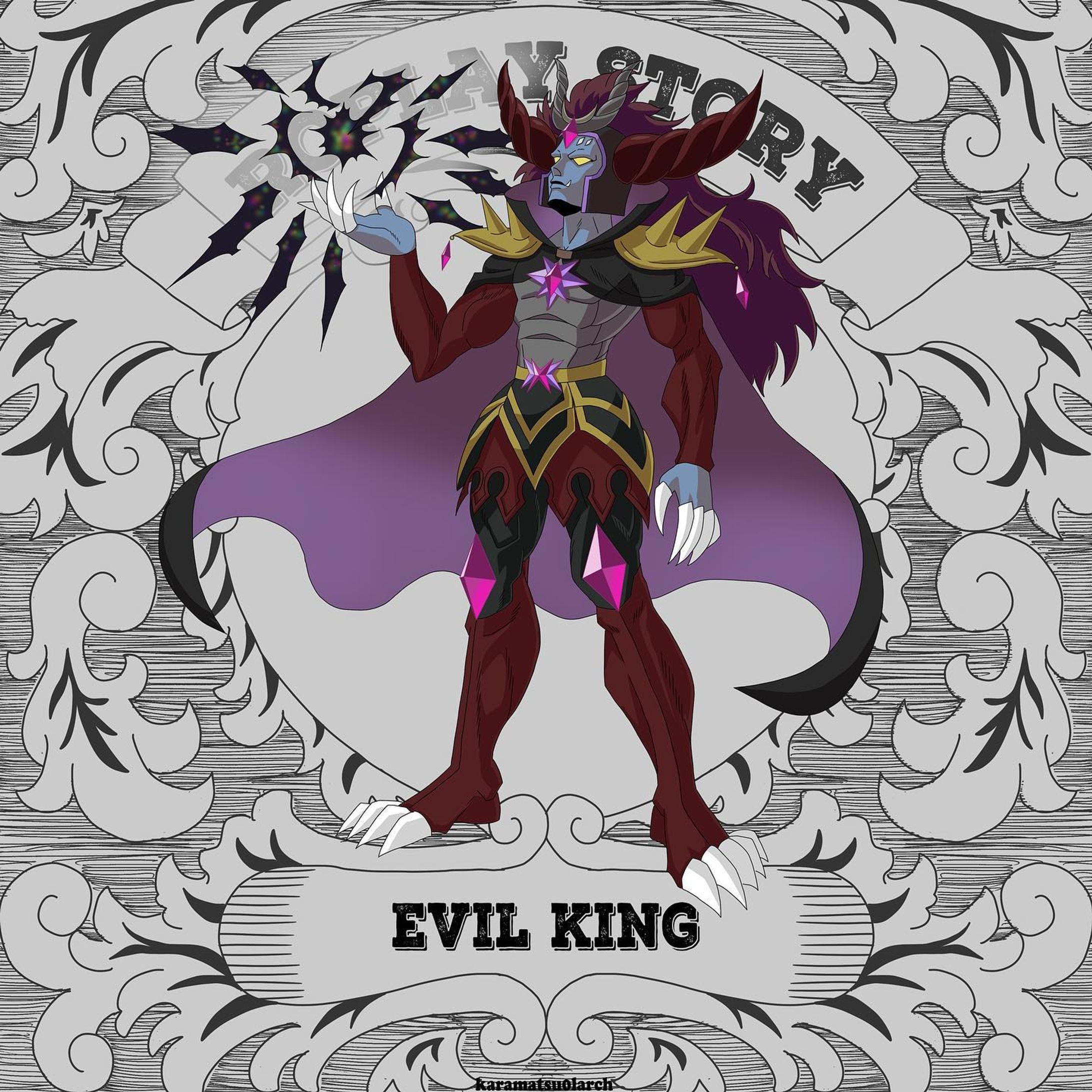 魔王
クラス▪️イーヴルキング
守護属性▪️暗黒
人間界へ攻めてきた魔界の王。
人間界の世界の半分を奪った。その正体は邪悪なドラゴンである。
ディザスターブレスは99999ダメージ。勇者達の最大HPは9999。つまり防ぐのは不可能である。
果たして勇者はどう立ち向かうのか。
#イラスト #一次創作 #RPG
#創作イラスト #オリジナルイラスト #魔王  #ラスボス-1