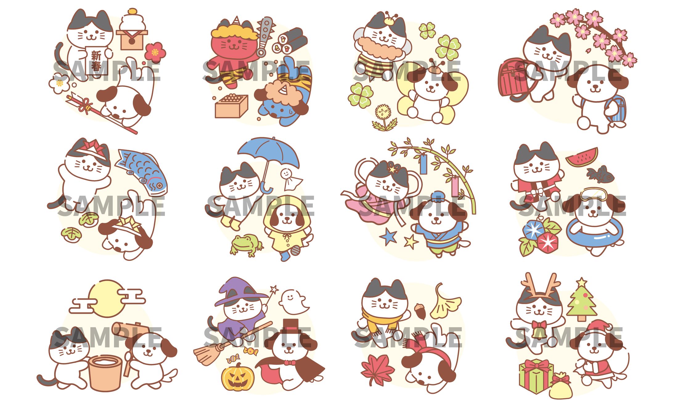 12か月犬と猫のイラストセット-1