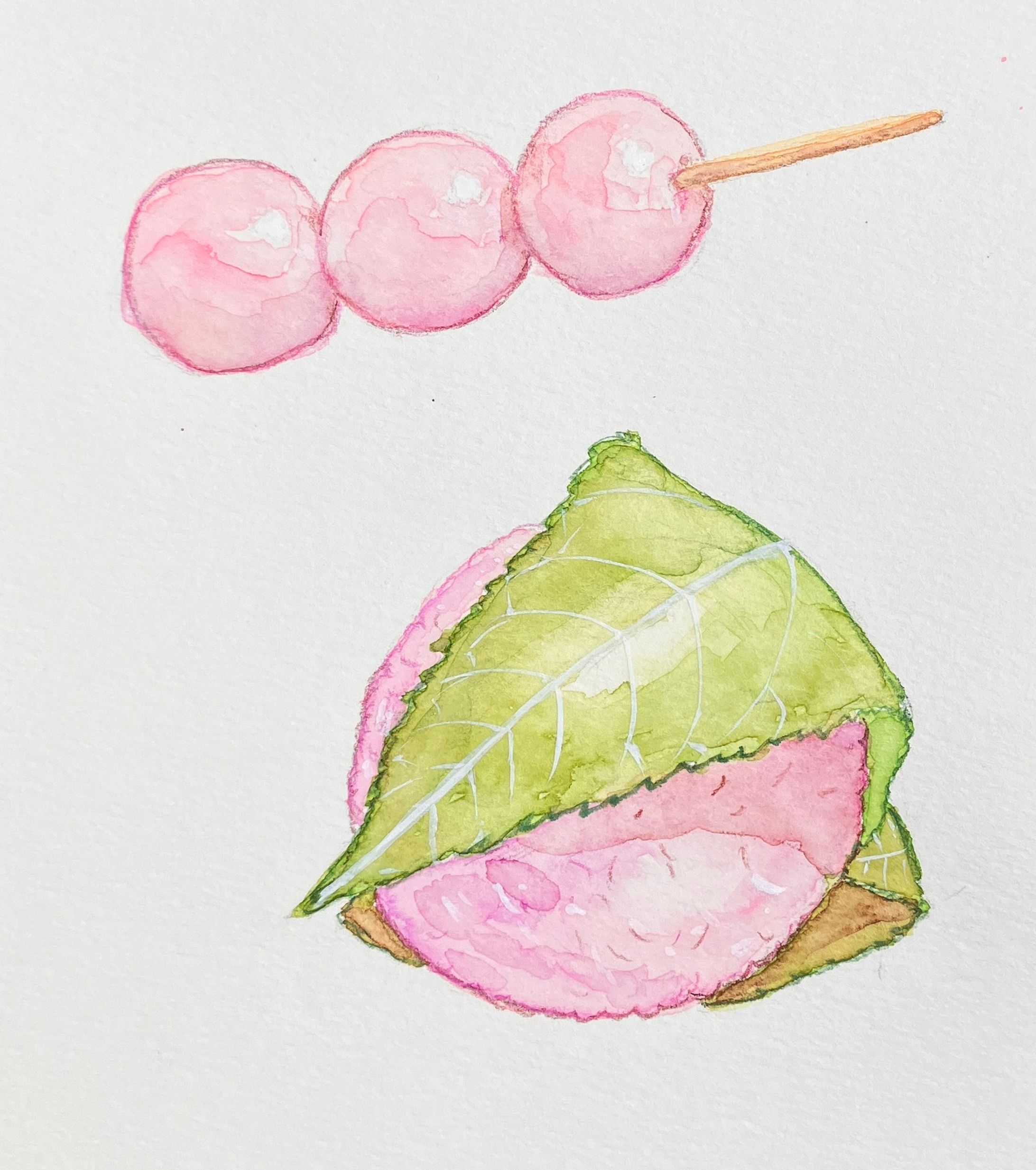 水彩　桜団子と桜餅-1