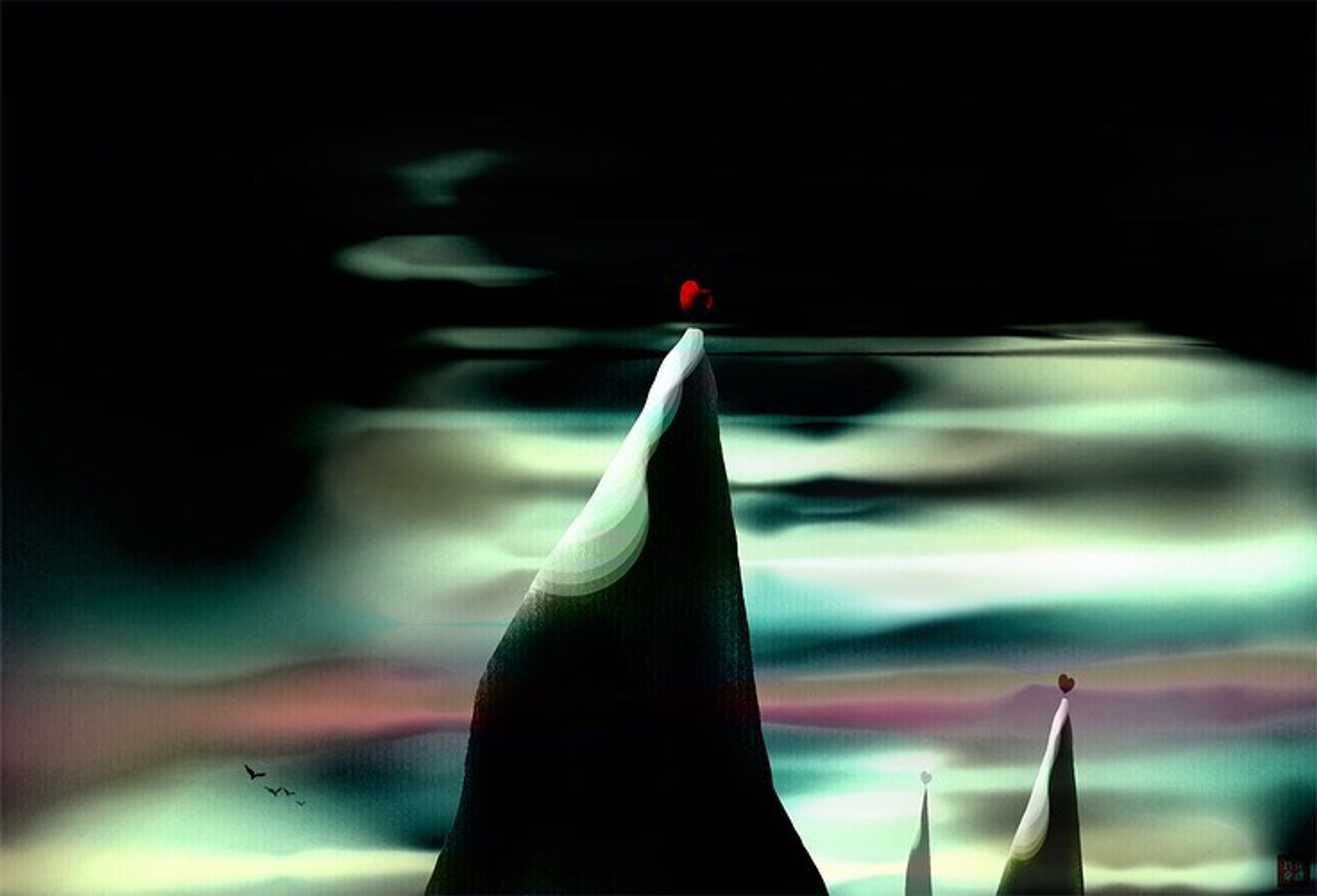 013. ダイナーからの風景﻿
﻿
﻿
﻿
﻿
風が吹くたびに"ワサワサ”と金色の草が揺れていた。﻿
﻿
食事を済ませておこうと、﻿
ターミナルから少し離れた静かな場所にあるダイナーに入った。﻿
﻿
好物の"パーヤイヤン"でも良かったのだが、﻿
ハート園の名物"レッドハートパイ"を食べる事にした。﻿
﻿
そうそう、なんでも、最近は "ジパニ料理"が人気なのだそうだ。ハート園は"Demachiyanagi"に繋がっている。﻿
﻿
ハート園から星降る街9丁目行きの﻿
電車に揺られて寝過ごすと"Demachiyanagi"まで行くことが出来るそうなのだ。﻿
﻿
大きな窓の席に座って待っていると、﻿
突如"にわか闇"が広がった。﻿
ターミナル近くの金色の草原と違って、﻿
窓から覗く風景は空高くまでそびえる崖山。﻿
﻿
"にわか闇"が目前の崖山の頂上のハートをより輝かせる。﻿
﻿
そう、あれは"最古のハート"。﻿
﻿
食事を済ませたら、"最古のハート"を観に行こう。﻿
﻿
I wish it would come faster～. by jamiko﻿
﻿
﻿
﻿
#heart #art #風景﻿
#emergingartist #paintingoftheday #loveart﻿
#アートワーク #photoshopcc ﻿
#空想画 #空想旅行 #心の風景 #反魂秩序﻿
#chiiukokoneka-1