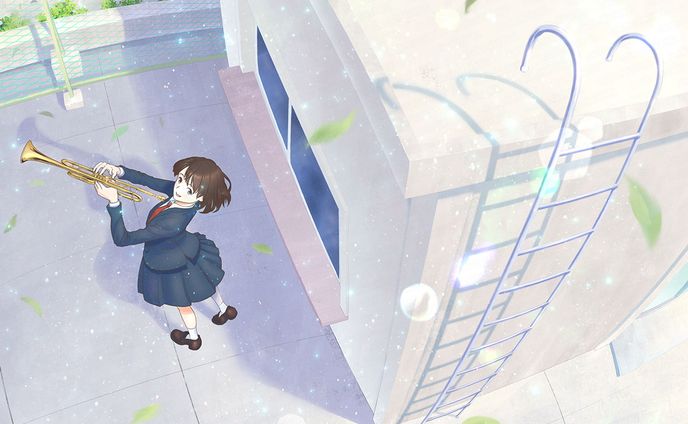 「学校の屋上にいる吹奏楽部」