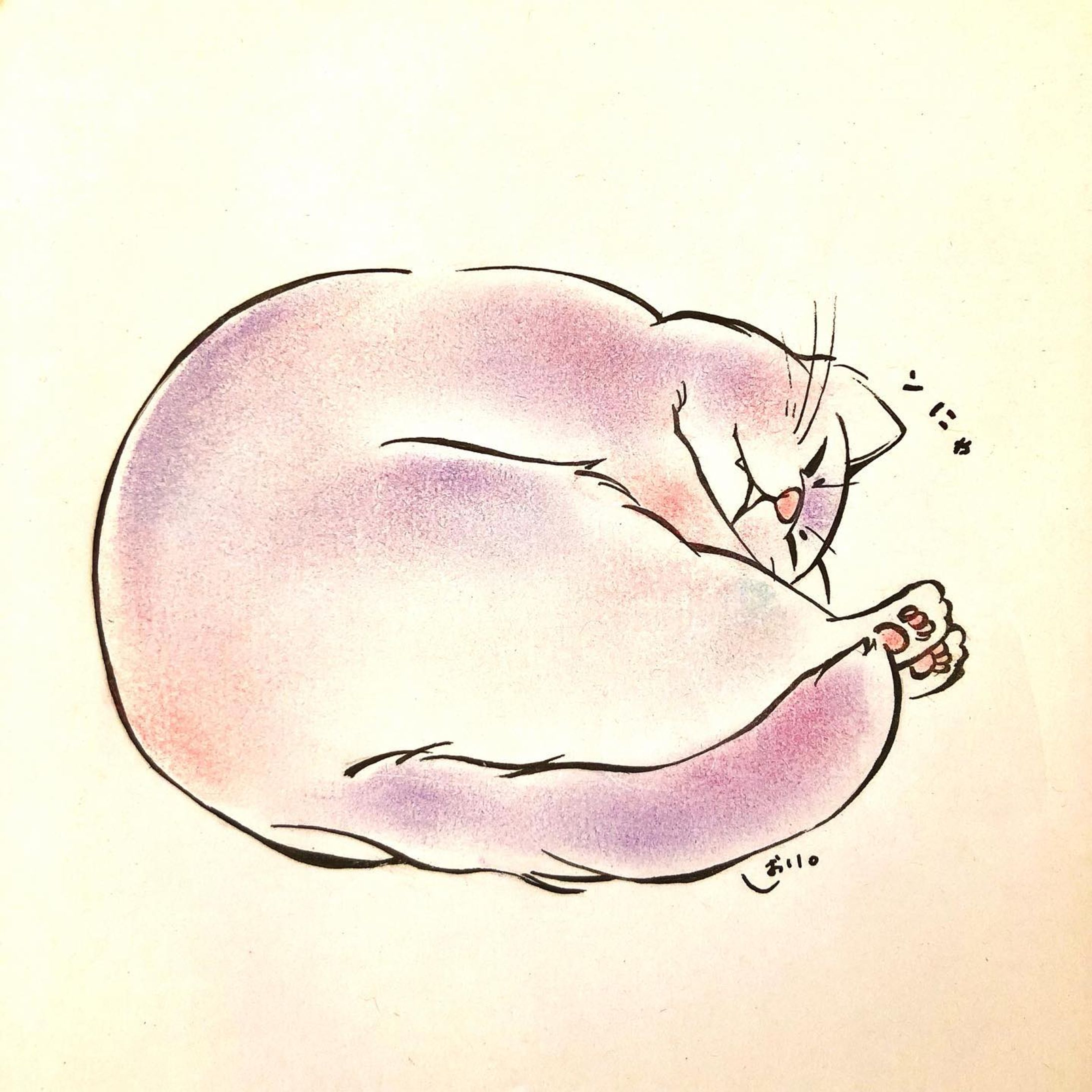 まるまる猫

ポストカードサイズのアナログイラストです。
インク、パステル、色鉛筆使用。
同じ作風で デジタルでの制作、納品も可能なので、グッズデザイン等に活用するのもおすすめです！-1