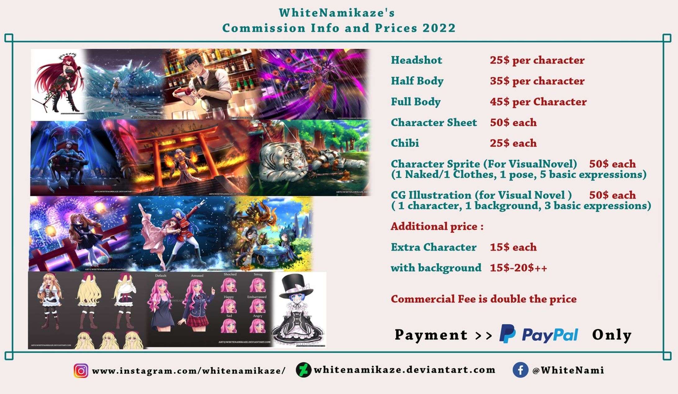 Hello Everyone
i should have upload this in the new year but i got busy XD

so, This is will be my New Commission Info Starting 2022
I have not raise my prices for 2 years now so i think now is the right time.
i think i will raise my Commission prices a little bit,
so i can have a more stable income to support my family, pay my bill and buy food

all ongoing commissions that i have currently will still use the old prices :D

Thank you so much to Everyone for all the support all this time, and please support me again in 2022 :D

thank you so much for understanding!!

#Digital2D #AnimeManga #Illustration #anime #girl #moe #digital #commissisonopen #whitenamikaze #art #expressions #pose #cute #longhair #curlyhair #brownhair #charactersprite #wipgame #gamecharacter #commissioninfoandprices #commission2022-1