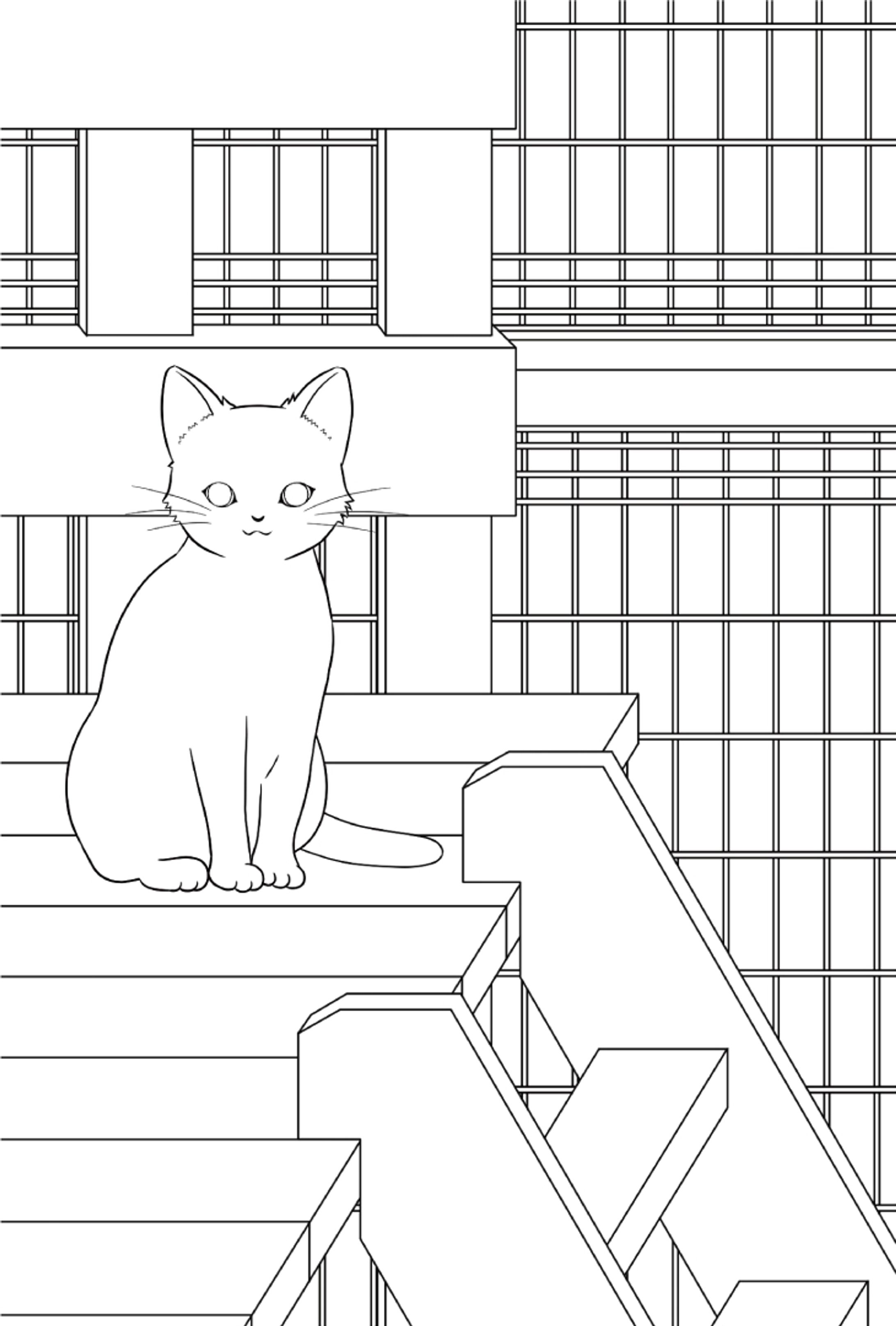 ウッドデッキとねこ　イラスト線画　2025年11月〜制作中-1