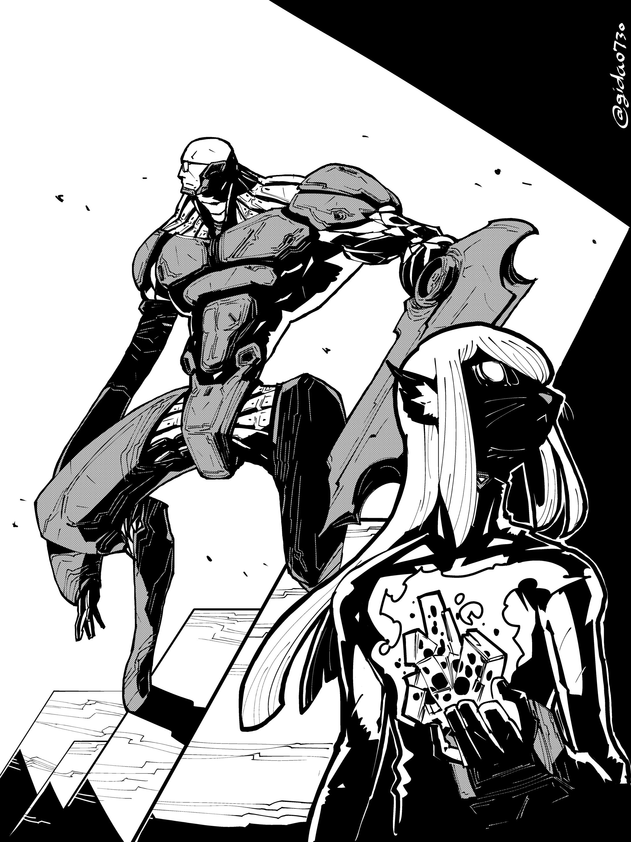 【オリジナル】白黒原稿風SFイラスト-1