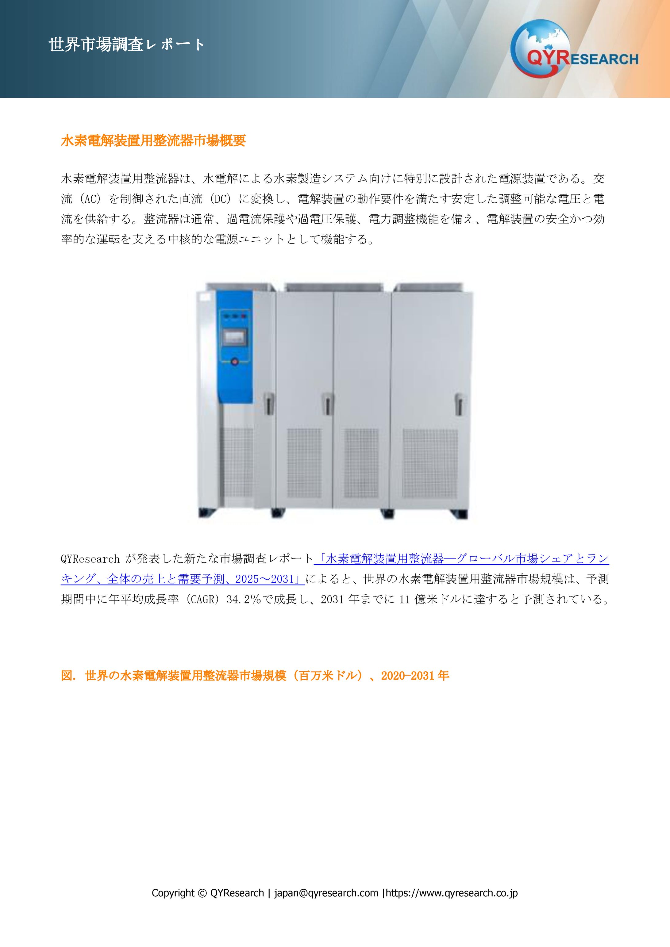 水素電解装置用整流器の世界産業シェア、最新進展、将来動向レポート2025-2031-1