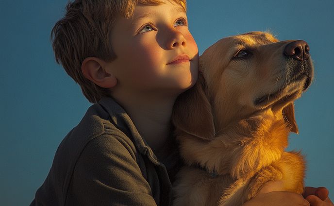 空を眺める男の子と犬