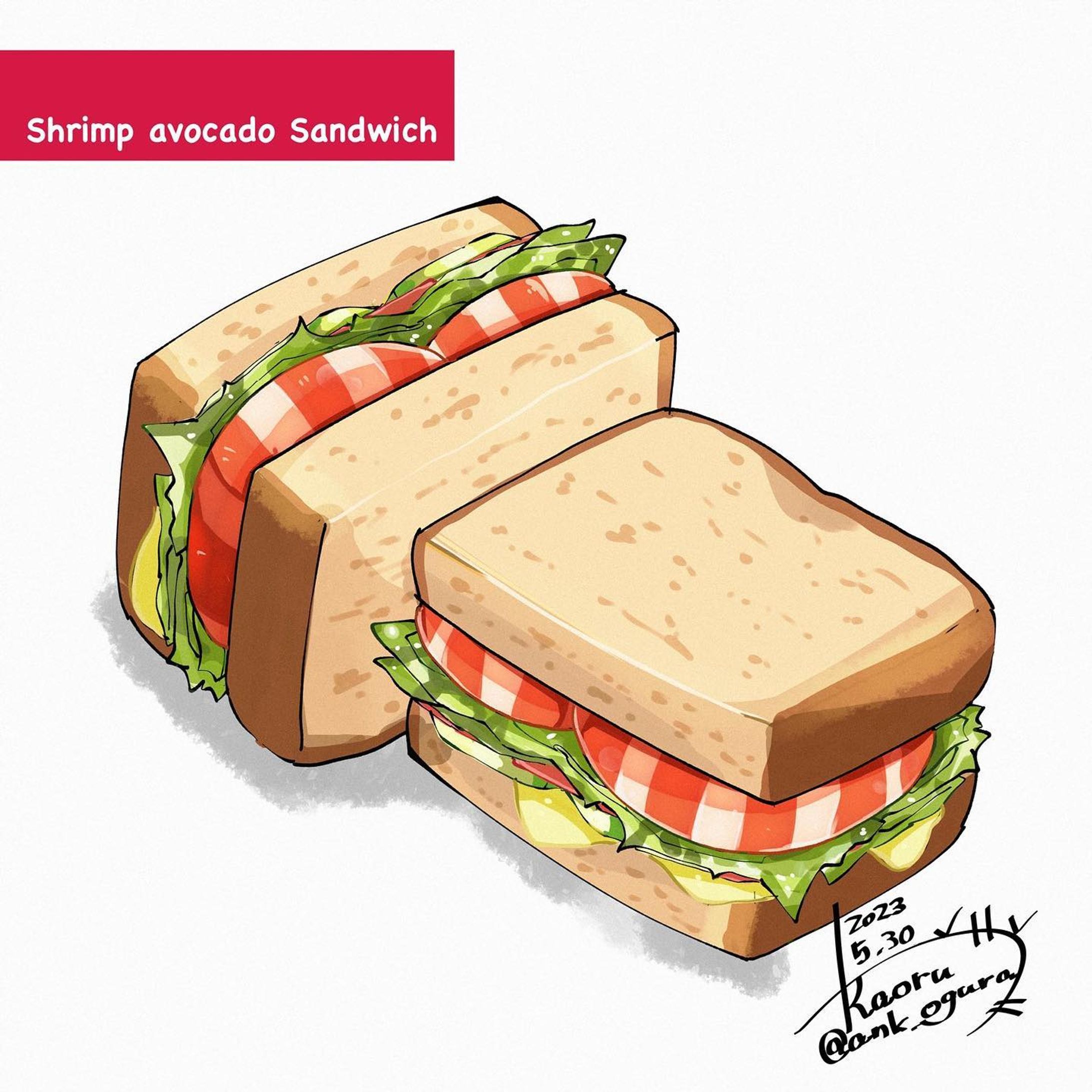エビアボカドサンド
カラフルな見た目で描くのも楽しい☺️
エビとアボカドの組み合わせは最高！
 #エビアボカドサンド  #サンドイッチ  #食べ物イラスト  #飯テロ  #飯テロイラスト  #foodillustration  #foodart  #shrimpabocadosandwich  #sandwich-1
