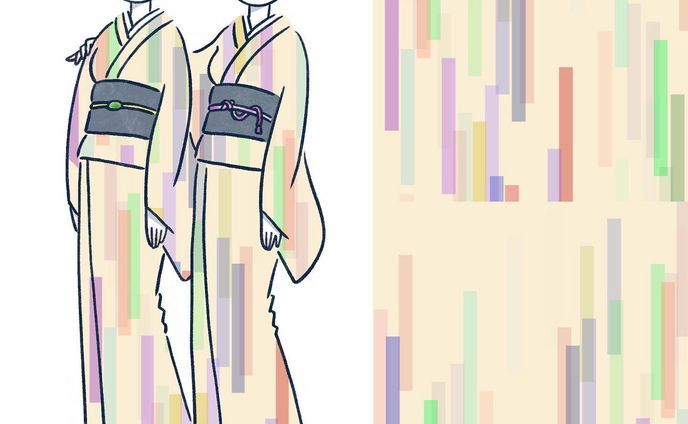 コーディングした柄をイラストに組み込むシリーズ。
パーマネントな姉妹でございます🥰

やはりデジタルな柄は着物にピッタリなのでは…⁈

#illustration 
#イラスト
#kimono 
#着物
#p5js 
#クリエイティブコーディング