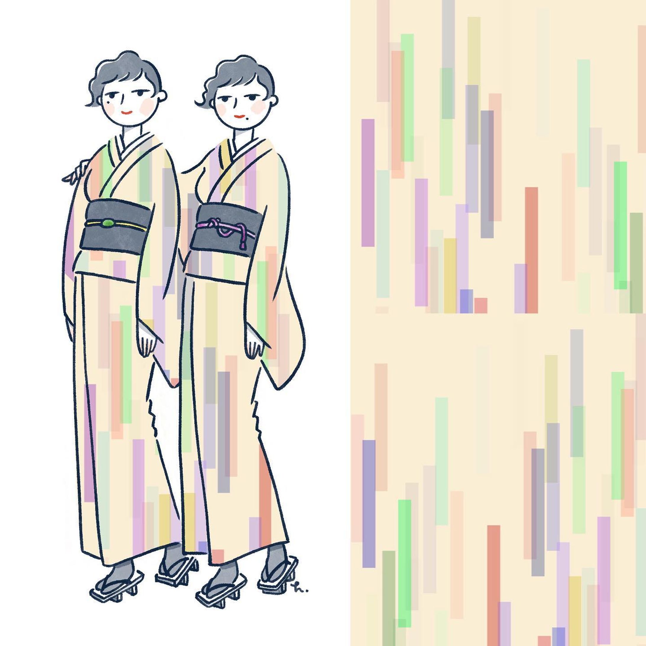 コーディングした柄をイラストに組み込むシリーズ。
パーマネントな姉妹でございます🥰

やはりデジタルな柄は着物にピッタリなのでは…⁈

#illustration 
#イラスト
#kimono 
#着物
#p5js 
#クリエイティブコーディング-1