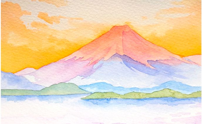 赤富士の透明水彩画