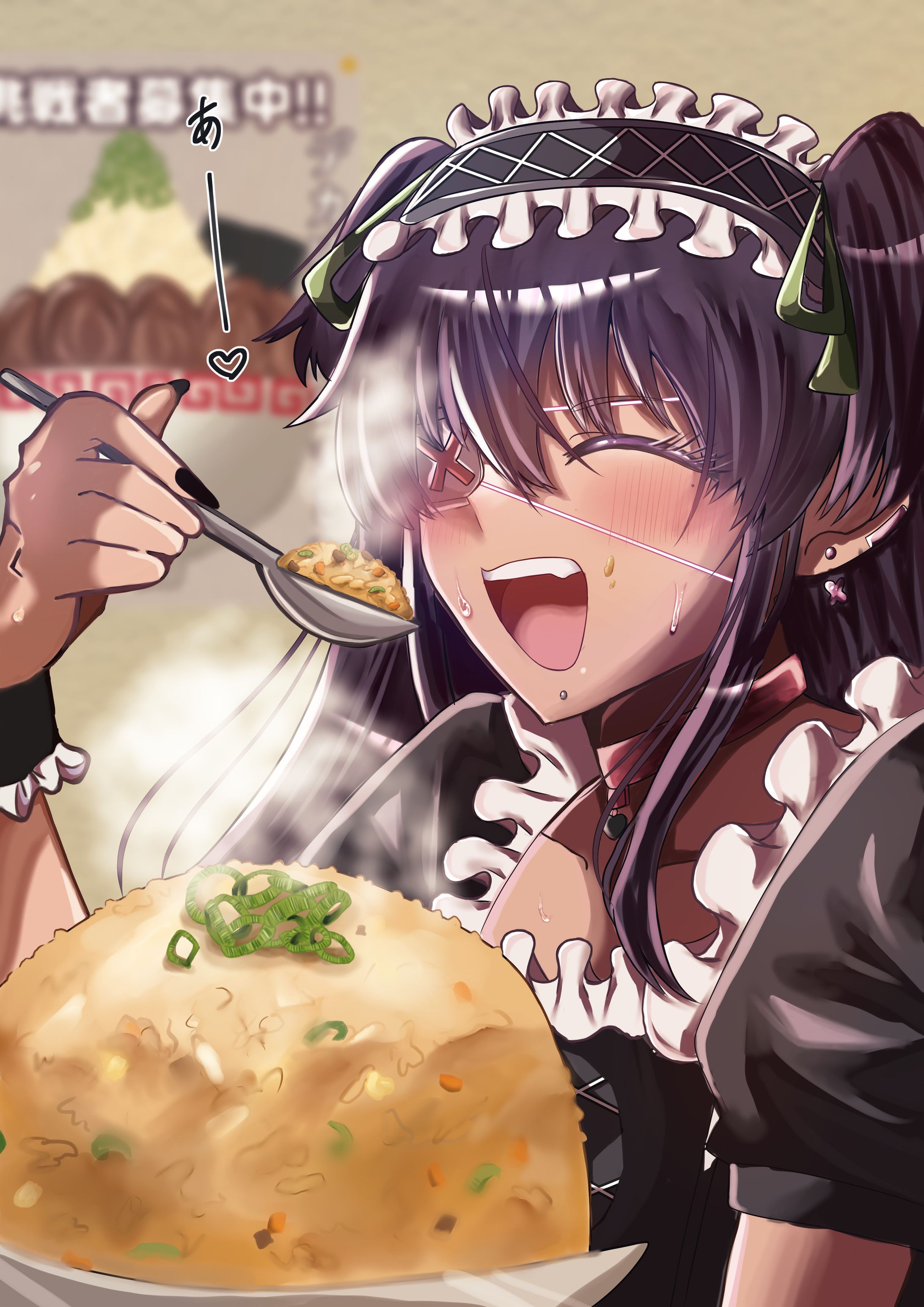 可愛い恰好をした女の子が大盛りの料理をモリモリ食べているところ-1