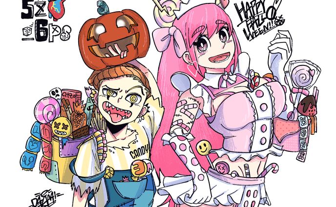 ハロウィンイラスト（カボチャとメイドとお菓子）　