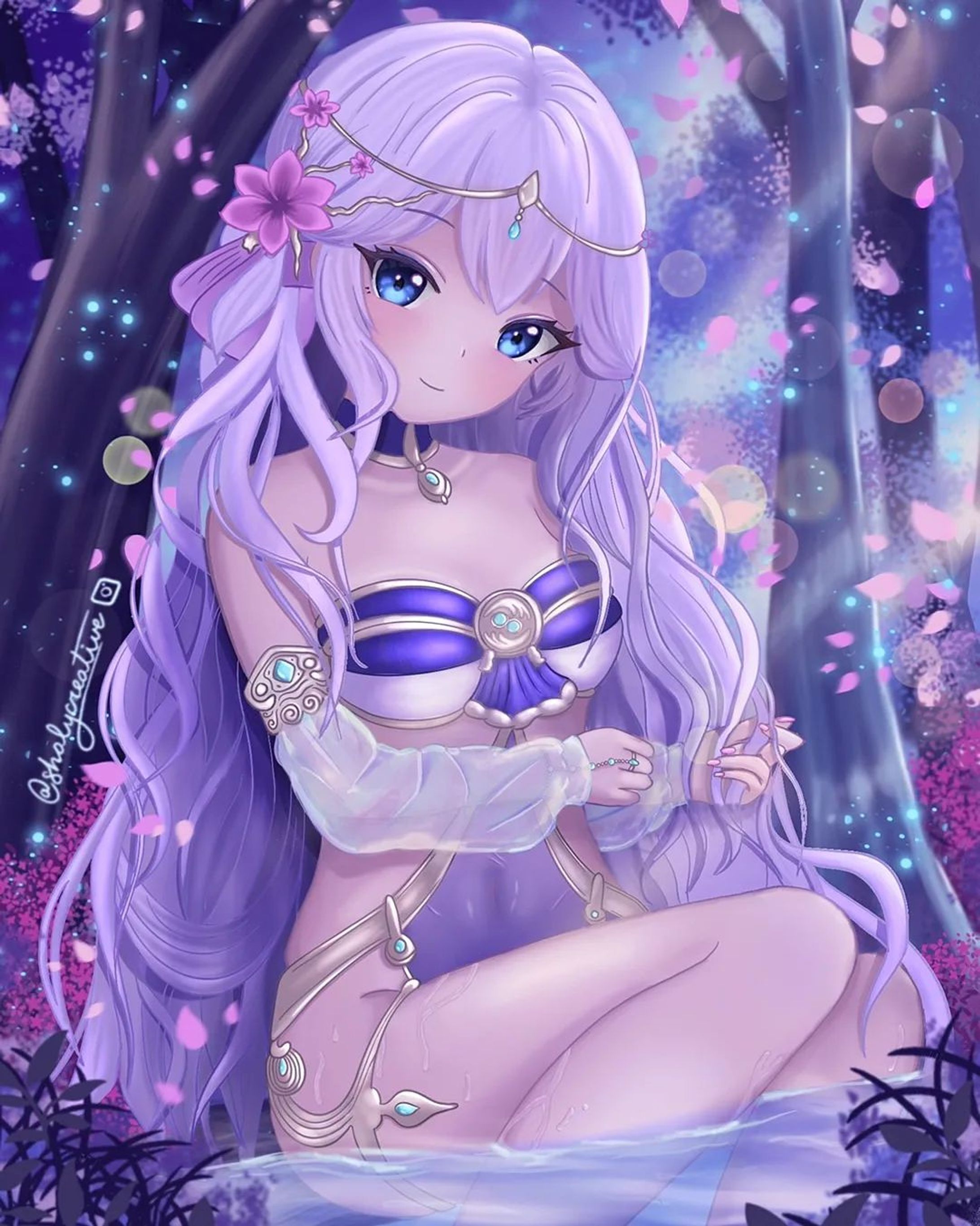 Yue OC - Moonlight Dip🌸 夜桜
 Shes finally here!
◇
Almost 20 hours and 150 layers later.
This piece took me SO long. Initially i was kind of embarrassed that i couldn't finish it in 3-4 days like some other artists. 
But now that I'm done, I'm happy i took so long because i learned so much about different tools, tips and tricks on procreate and rendering processes. I learned how to add little tiny details that bring the piece together and how to draw different textures. The hardest part for me was the hair though😅😅
◇
I definitely feel like i understand where my art style is going now and im happy with it 😍 very dreamy! 
◇
Honestly, i dont know how im going to top this 😂 but I'll keep learning and improving and one day I'll be able to pop out cute drawings in less than a week 😇 #trusttheprocess
◇
Also, big thanks to @jah_drawings who helped me come up with the design for  the broach on her swimsuit! It was the last part and i was stressing because i couldn't come up with anything. 
◇
What do you guys think? Whats your fav part?
I personally like all the metalwork on her bikini the best 😍💜
◇
◇
◇
#originalartist #cuteanimegirl #bikinianime #nsfwanime #nsfwanimeart #夜桜 #cherryblossomart #イラスト-1