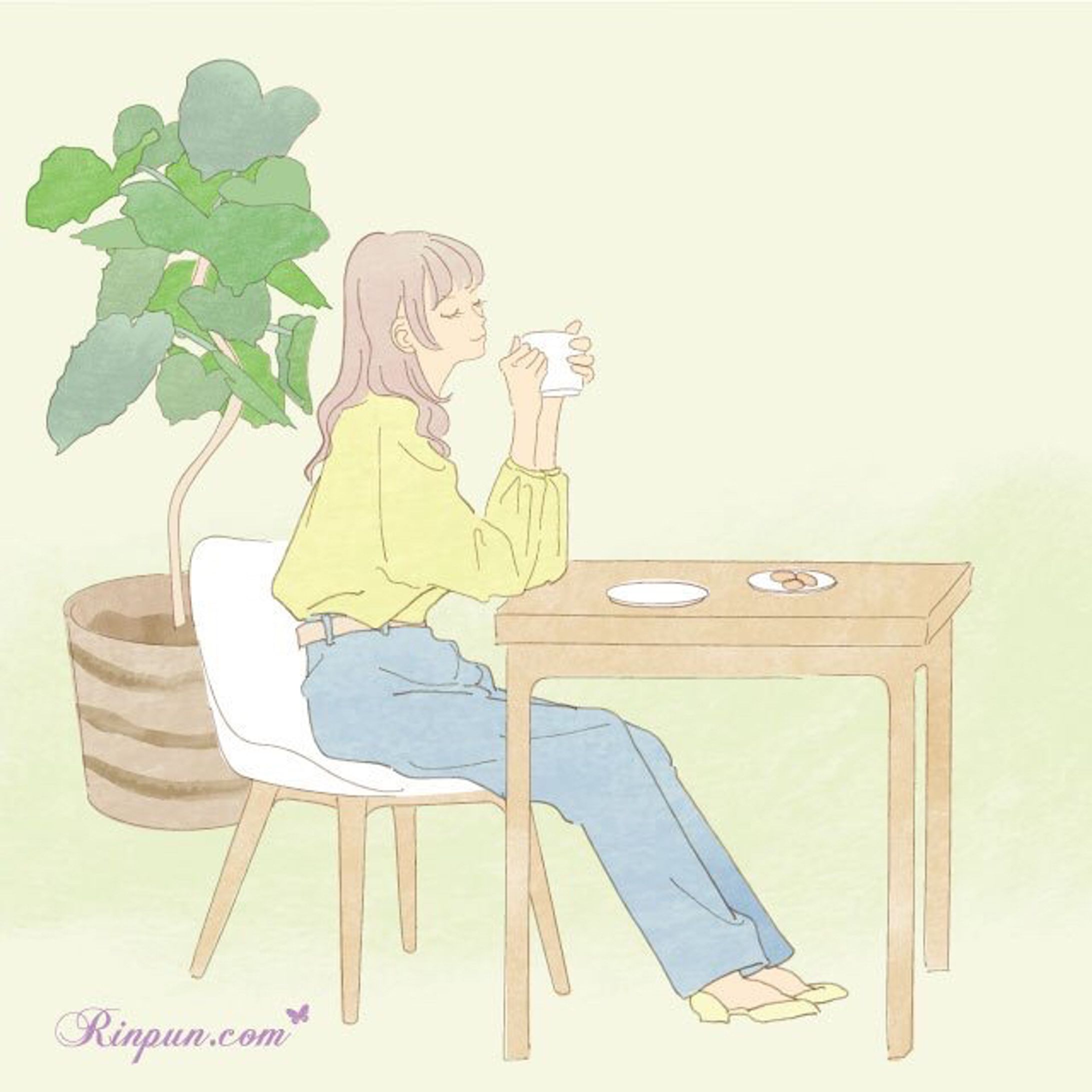 お茶を飲んで休憩する女性-1