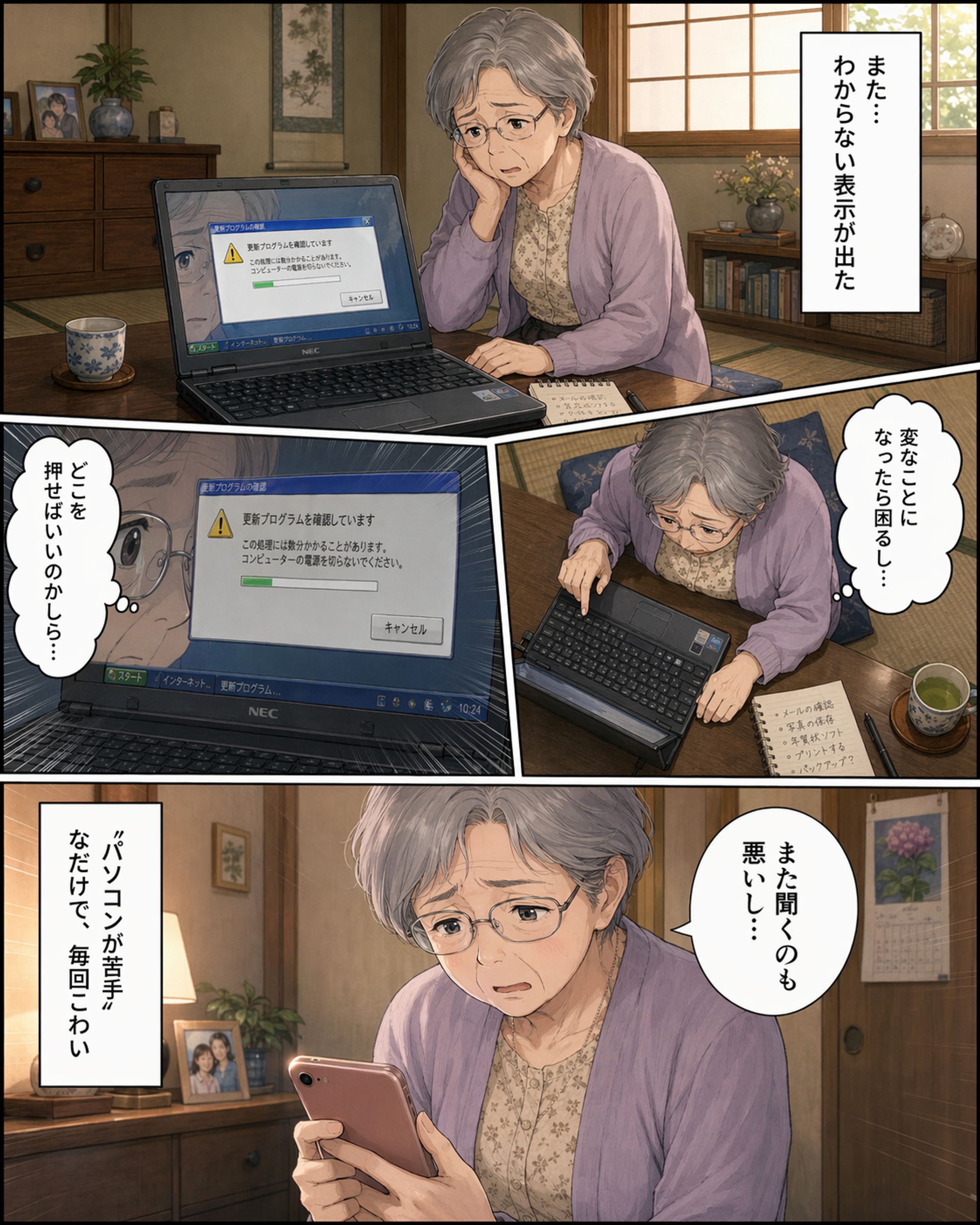 【広告AI漫画】【最新ChatGPT-Imageで作成】｜中古ノートPC｜中古パソコン｜15.6型｜Microsoft office付き-1