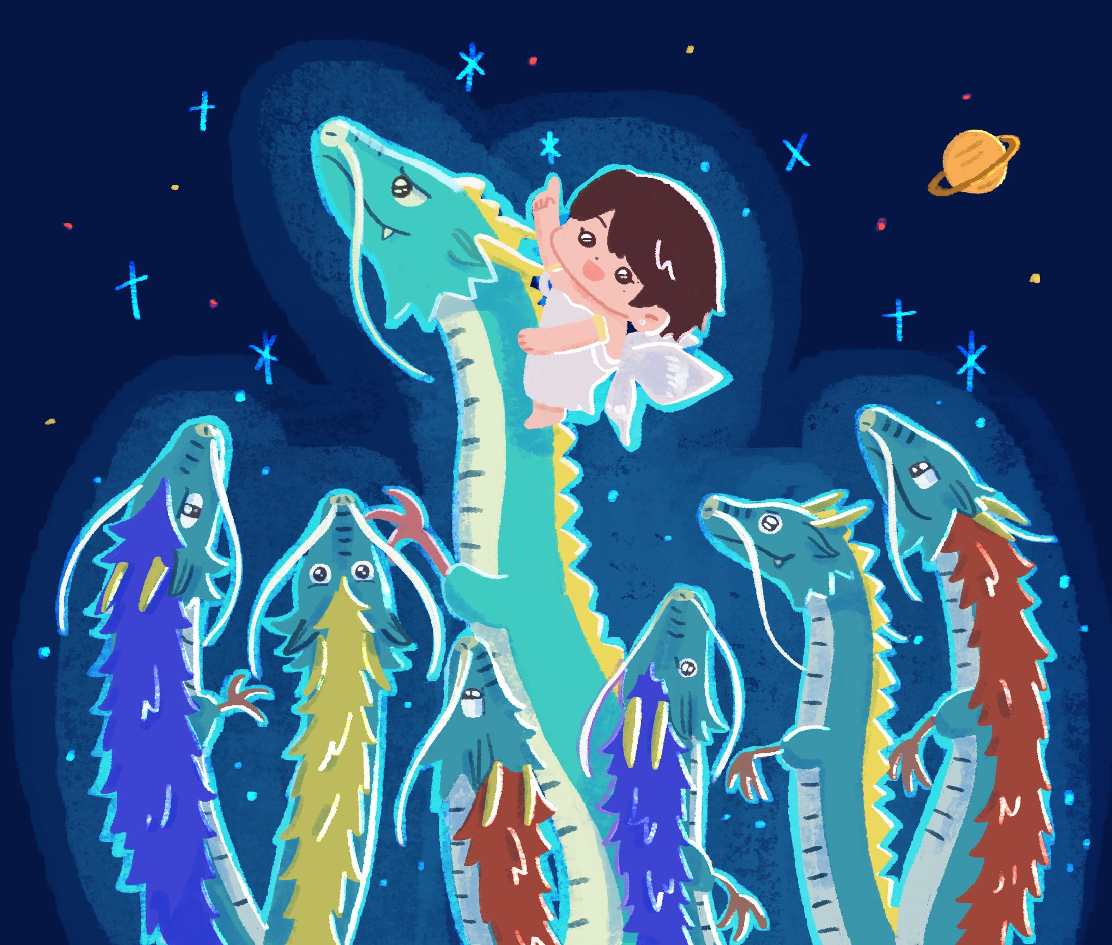 【イラスト】龍とお客様の似顔絵-1