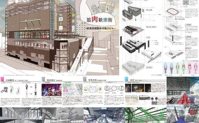 【建築設計案(学生コンペ用)】筋肉歓楽街(運動施設特化型ビル)