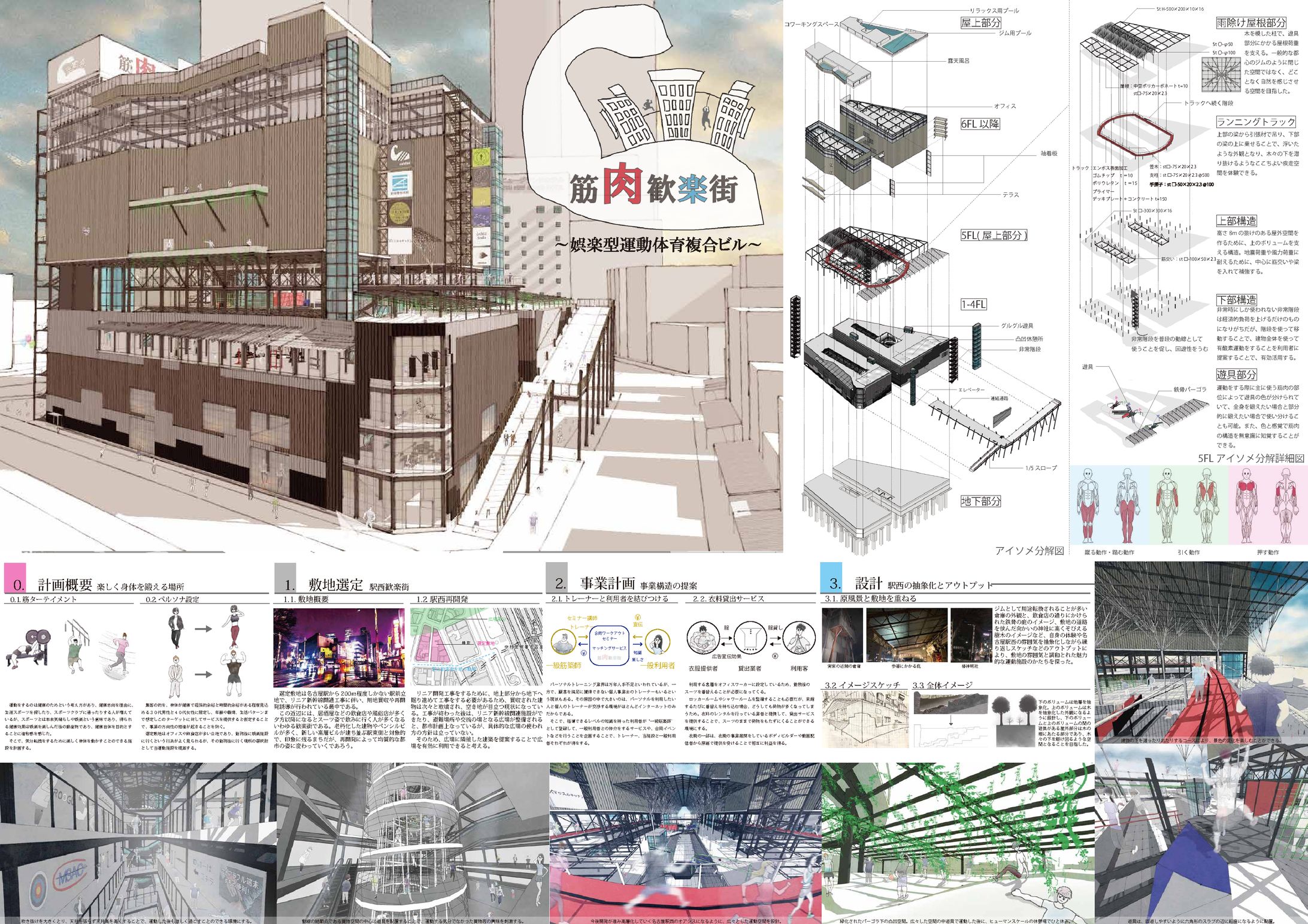 【建築設計案(学生コンペ用)】筋肉歓楽街(運動施設特化型ビル)-1