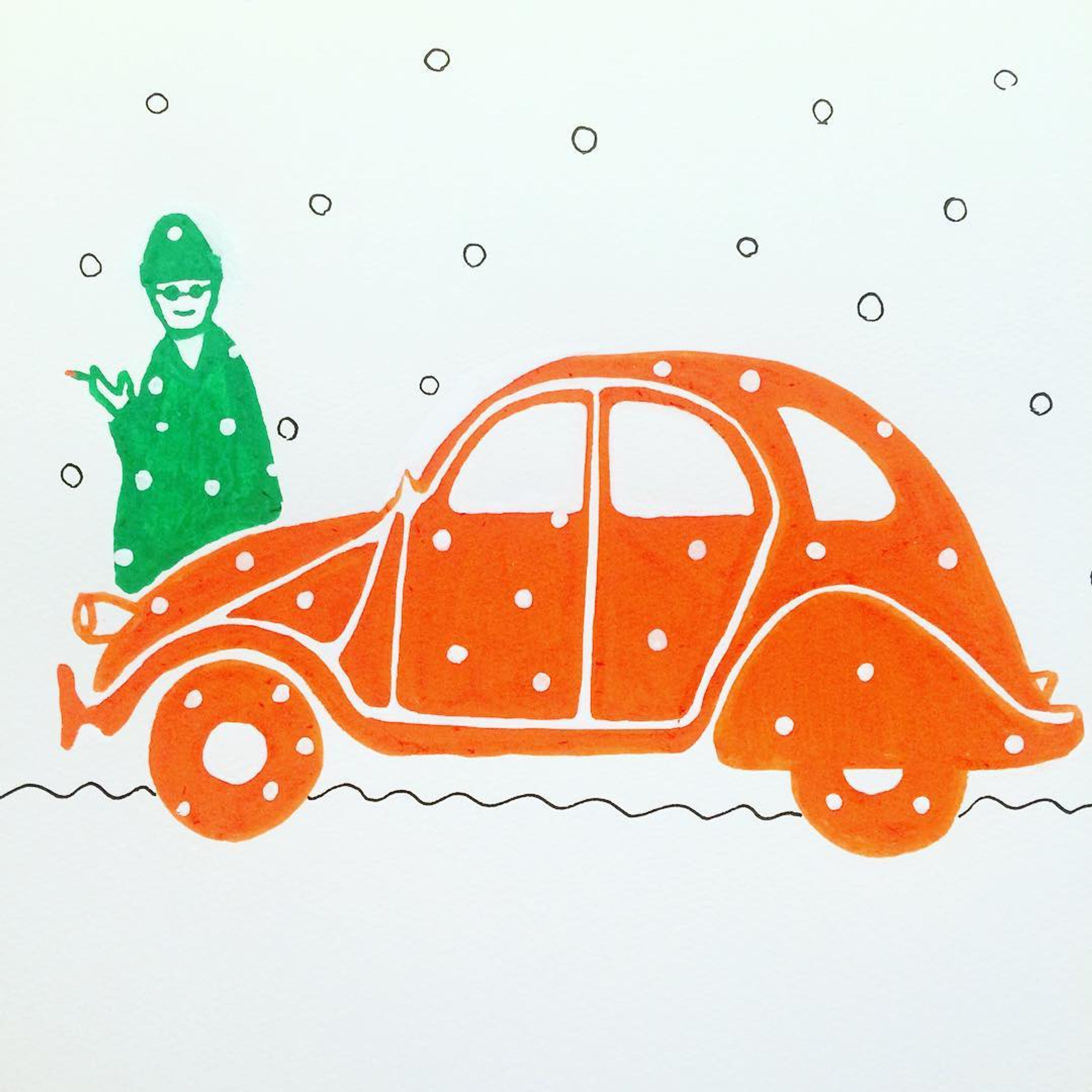 On tomorrow, mind your step!! #snow #citroen #citroen2cv #knitcap #glasses #snowy #classiccar #orange #green #french #france #paris #ski #illustration #illustrator #art #mindyourstep #雪 #東京 #シトロエン #車 #クラッシックカー #雪道 #スキー #イラスト #イラストレーター #ニット-1