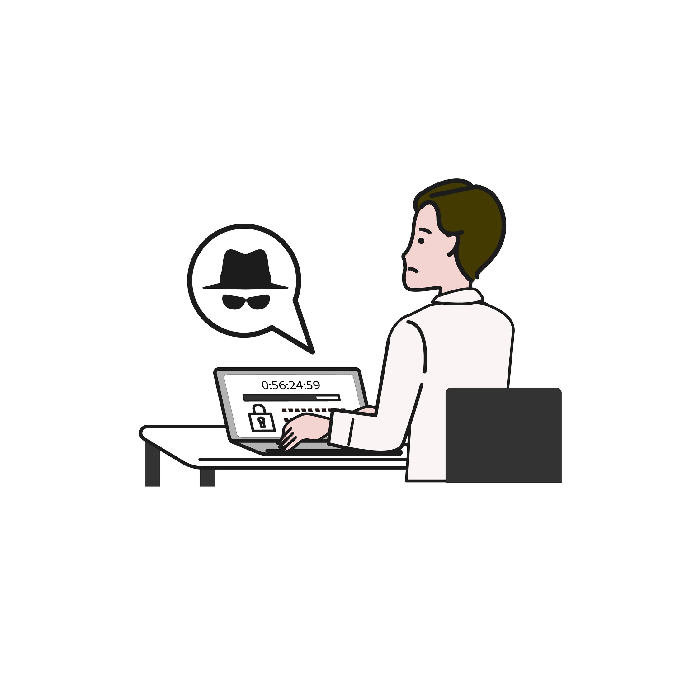 スパイウェアに困った顔をするパソコンに向かう人 02-1