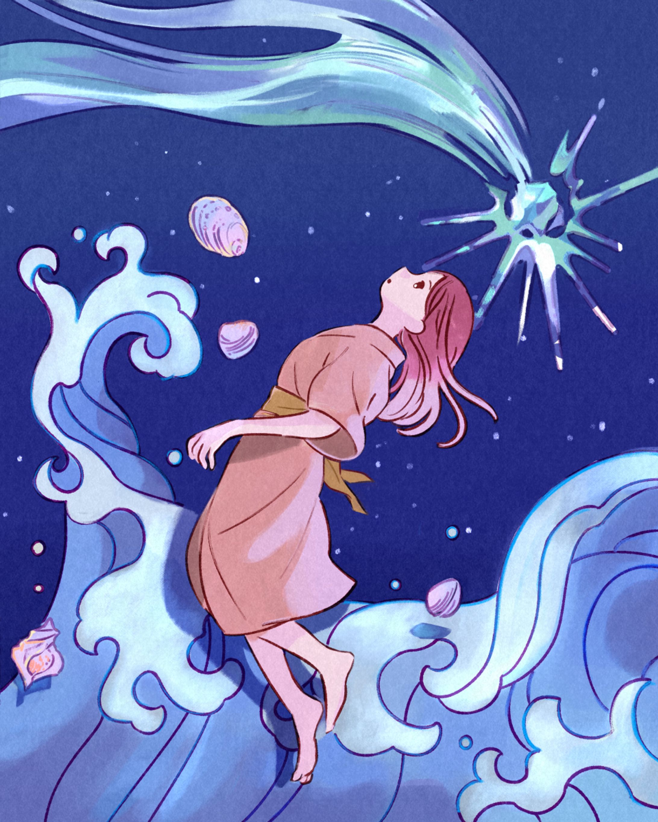 【お仕事】新聞連載小説「星のおちた海」告知イラスト-1