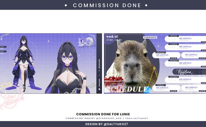 Lunie Logo, schedule, and character sheet