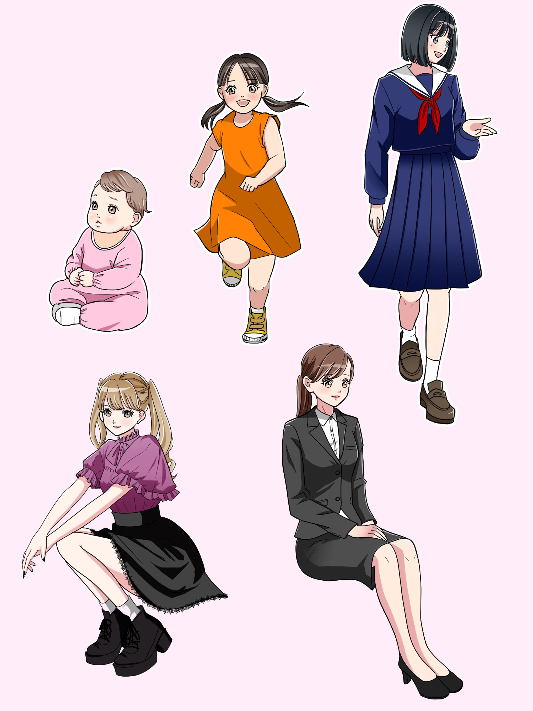 赤ちゃん〜ご高齢者キャラ（女性）-1