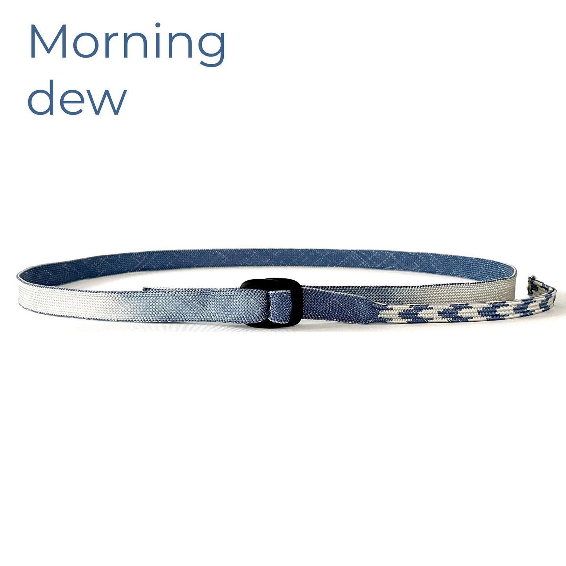 ⁡
⁡
# 007 【Morning dew】
⁡
This kumihimo belt looks as if it is covered with sparkling morning dew. Silver metallic threads are mixed into the silk threads so that it appears faintly on the surface. It is a casual shine.
⁡
きらきらと光る朝露を纏ったような組紐ベルトです。
チラチラと仄かに表面に現れるように金属糸の銀糸を混ぜて組んでいます。さりげない輝きです。-1