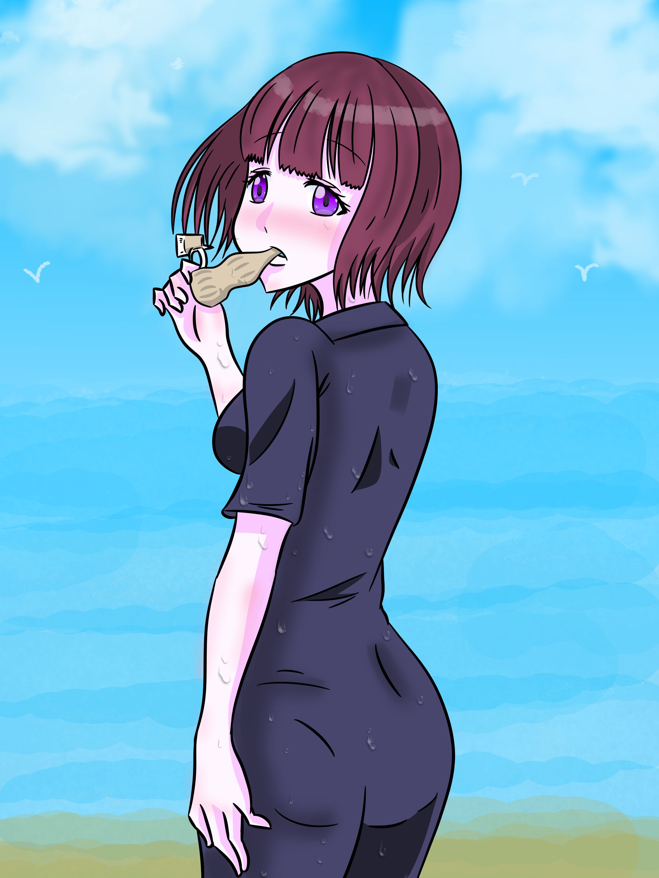 海でアイスを食べる少女-1