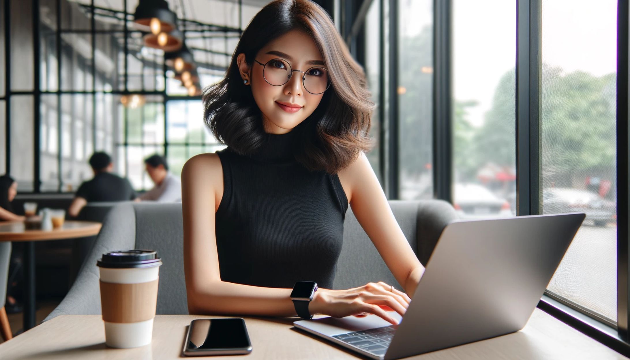 カフェで仕事をする美しい女性-1