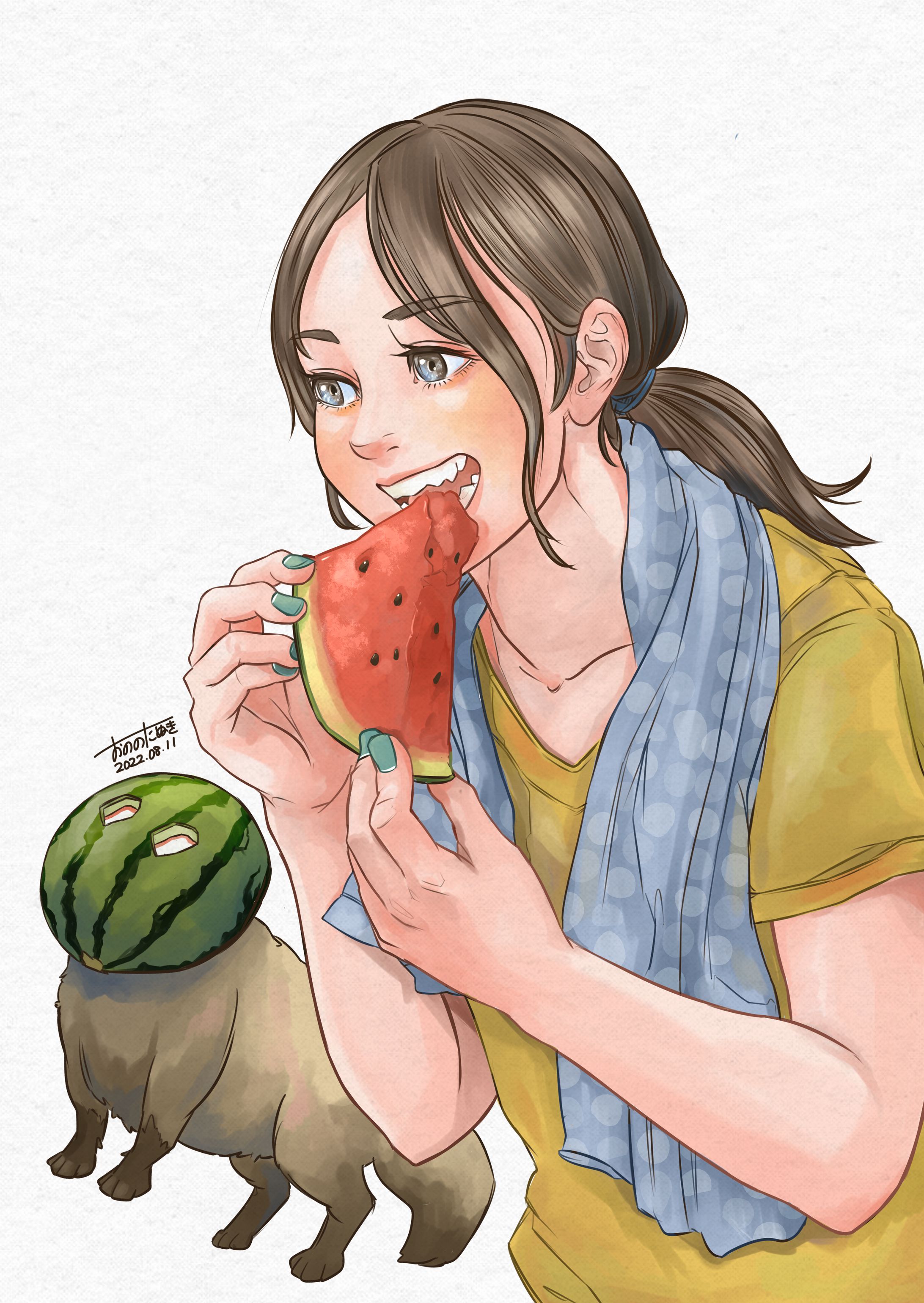 スイカを食べる女の子とたぬき-1
