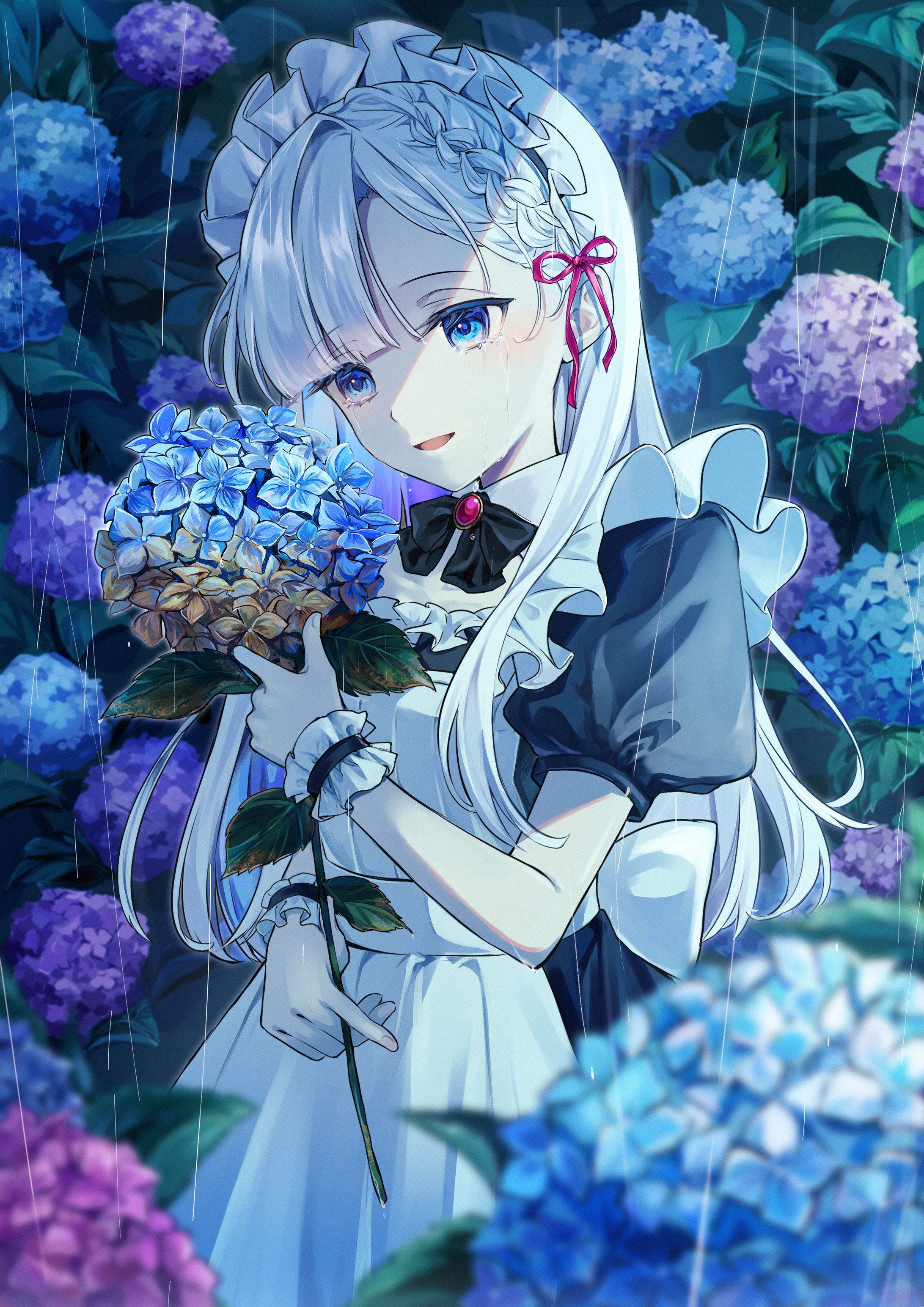 【創作】紫陽花とメイド 一枚絵-1