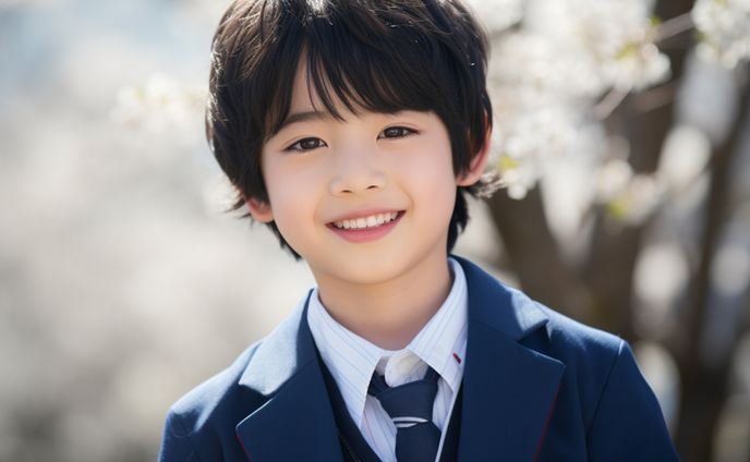 桜と小学生の男の子 AI生成