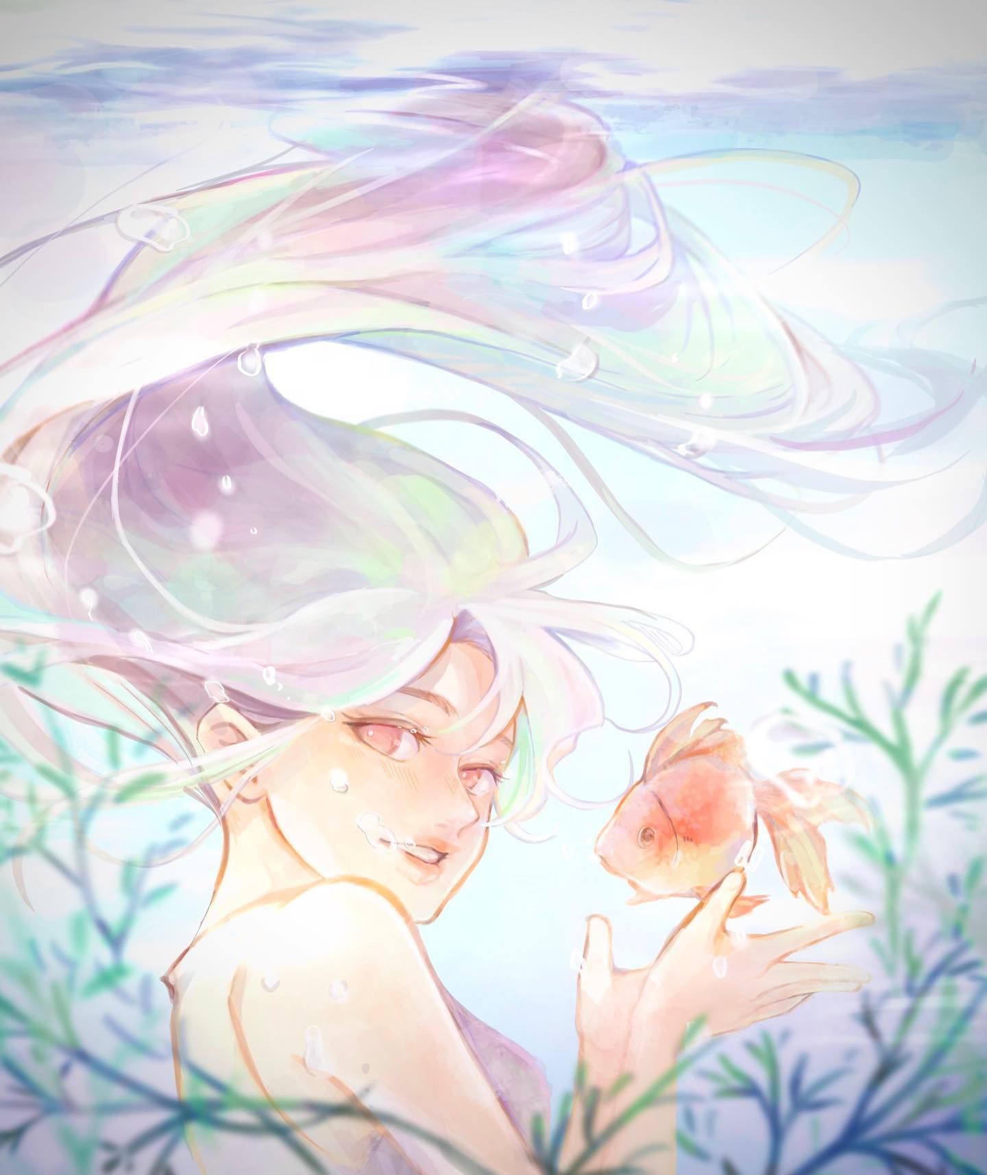 ゆらめく世界 #金魚 #水中 #水草 #水中世界 #水色 #夏 #illustration