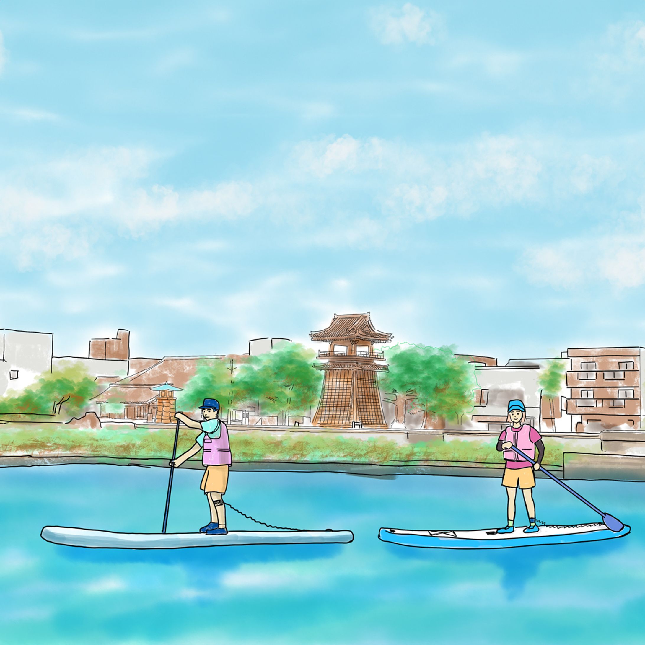 SUPで水上散歩「七里の渡し（宮の渡し）」
パンフレット用イラスト

#logotype #design #graphic design #nagoya #ロゴ #ロゴマーク #シンボルマーク #名古屋 #グラフィックデザイン #デザイン #pine-apple studio #p-studio, #イラストレーション, #illustration, #sup,#サップ-1