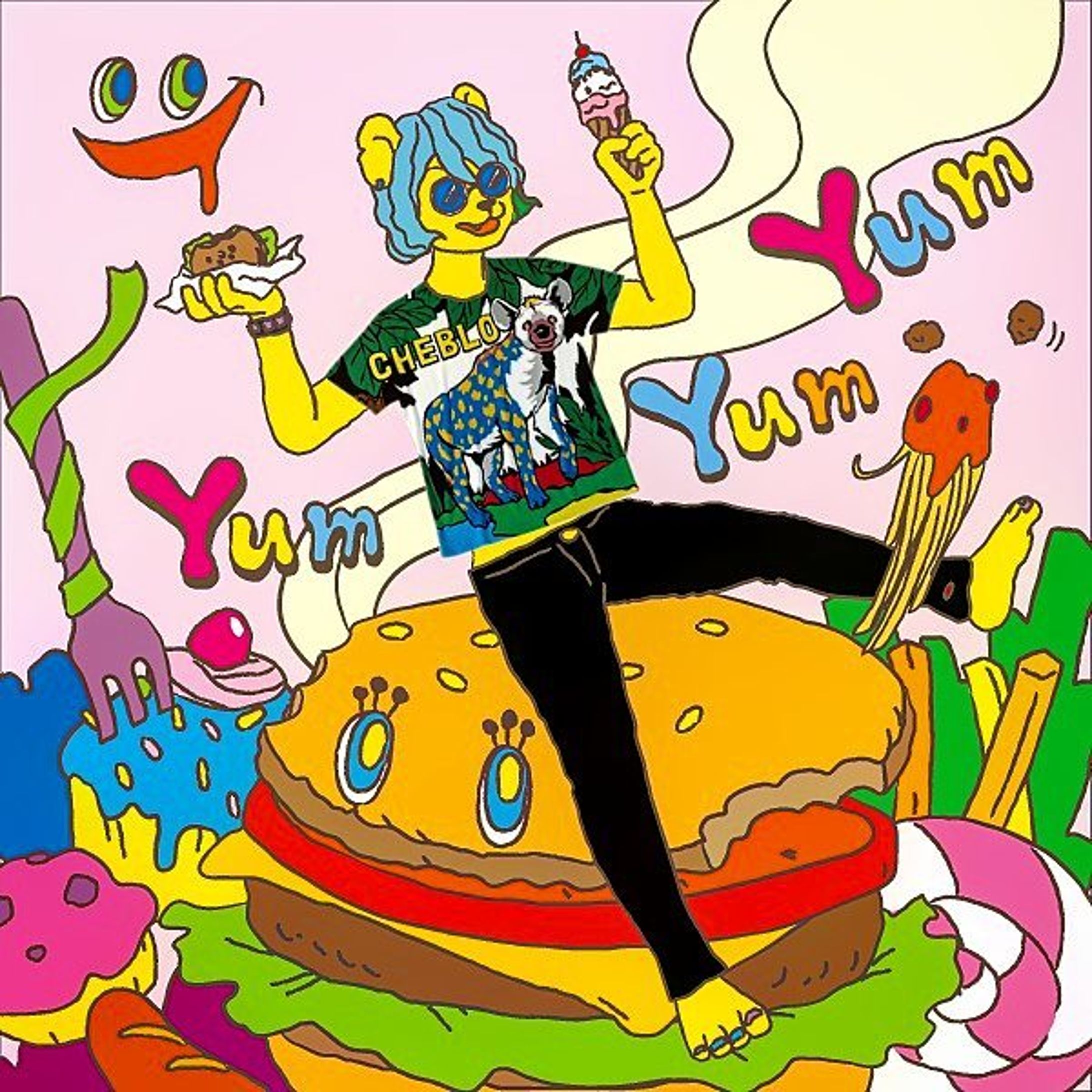 #yumyumyum#CHEBLO#illustrator#picture#animal#hyena#tshirt#スズリ#フルグラフィックtシャツ #イラスト#動物#アニマル#ハイエナ#sweets#food#絵#サングラス#Tシャツ-1