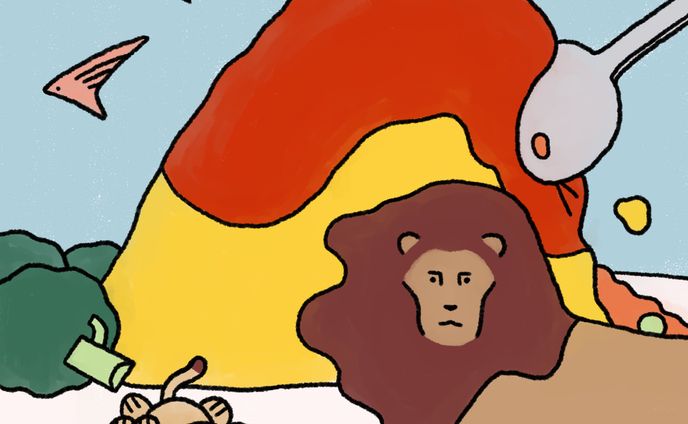 ライオンの親子　オムライス　3羽のトリ