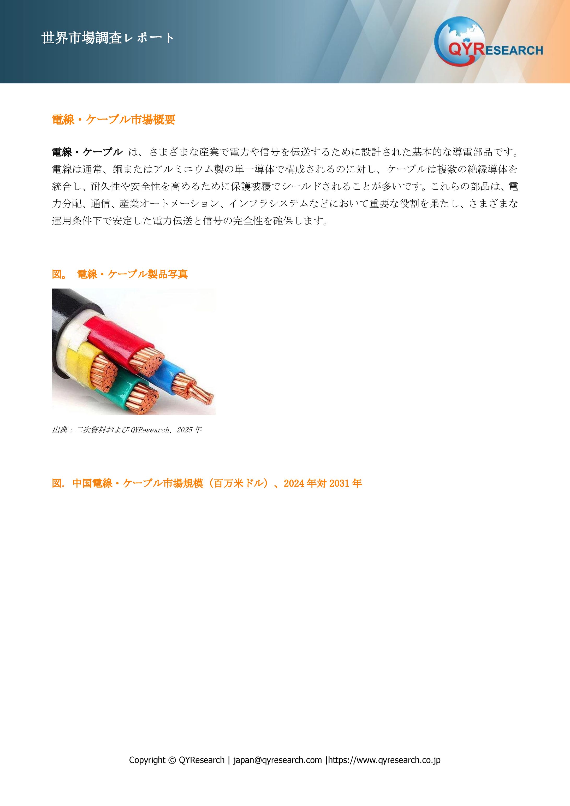 電線・ケーブル市場の企業競争力、価格変動、需要予測レポート2025～2031-1