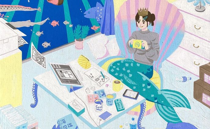【海底暮らし】
人魚姫は海での生活が気に入っている

2023年1月25日完成
使用画材：アクリルガッシュ/キャンバス
サイズ：S20号(727×727mm)約70cmの正方形
制作時間：80時間程

渡邊野乃香個展「イロイロイチネンPart2」で展示します。詳細は過去の投稿をご確認ください。

 #illustration  #illustgram  #originalillustration  #sea  #littlemermaid  #mermaid  #acryl  #acrylicpainting  #acrylicgouache  #analogillustration  #いらすとぐらむ  #イラスト  #イラストグラム  #イラストレーション  #アクリルガッシュ  #ターナー色彩  #turner  #アナログイラスト  #アナログ絵  #アナログ絵描き  #人魚  #人魚姫  #海  #キャンバス  #海が好き  #イロイロイチネンpart2
