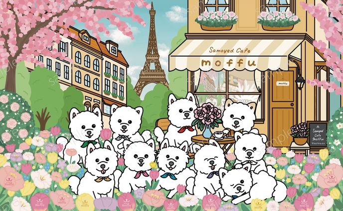 【サモエドカフェmoffu様】5月店内壁紙イラスト