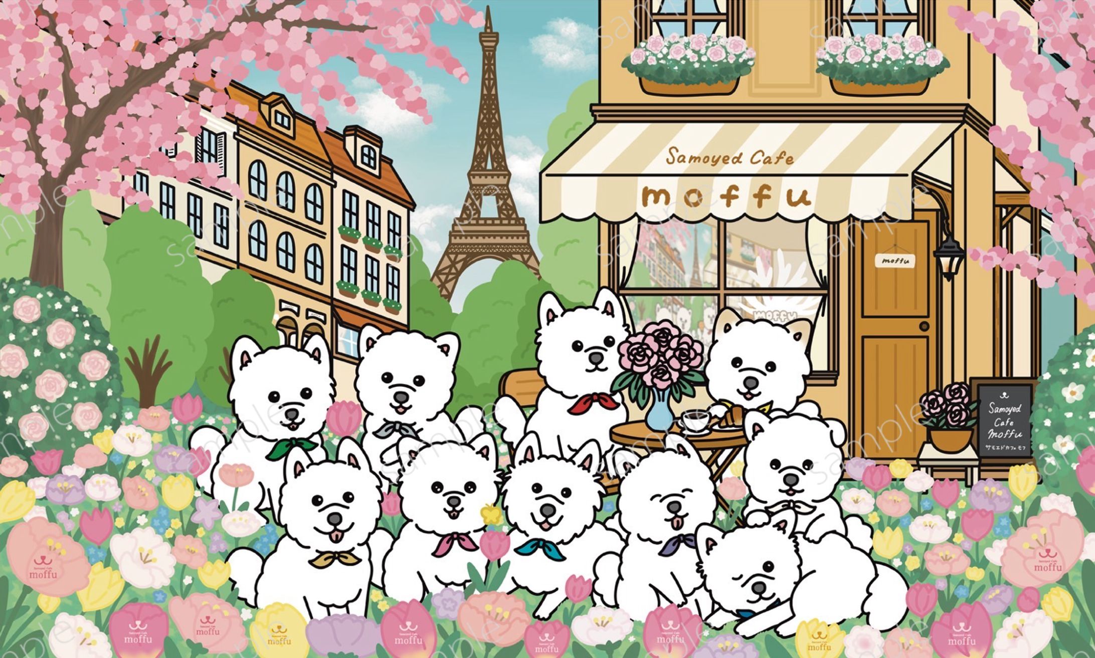 【サモエドカフェmoffu様】5月店内壁紙イラスト-1