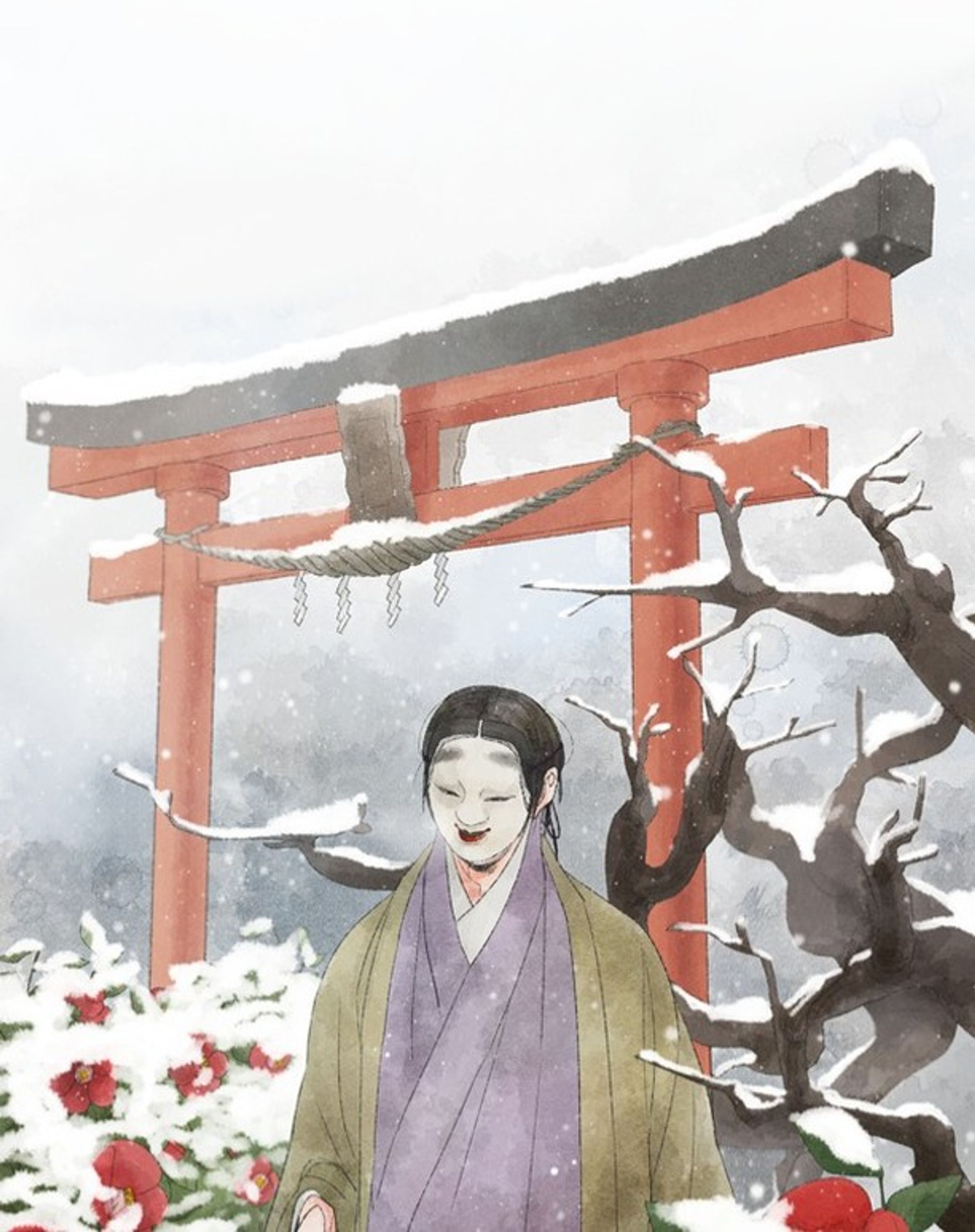 #illustration #drawing #和風 #着物 #kimono #イラスト #illust #能面 #鳥居 #椿 #雪 #snow #winter #camellia-1