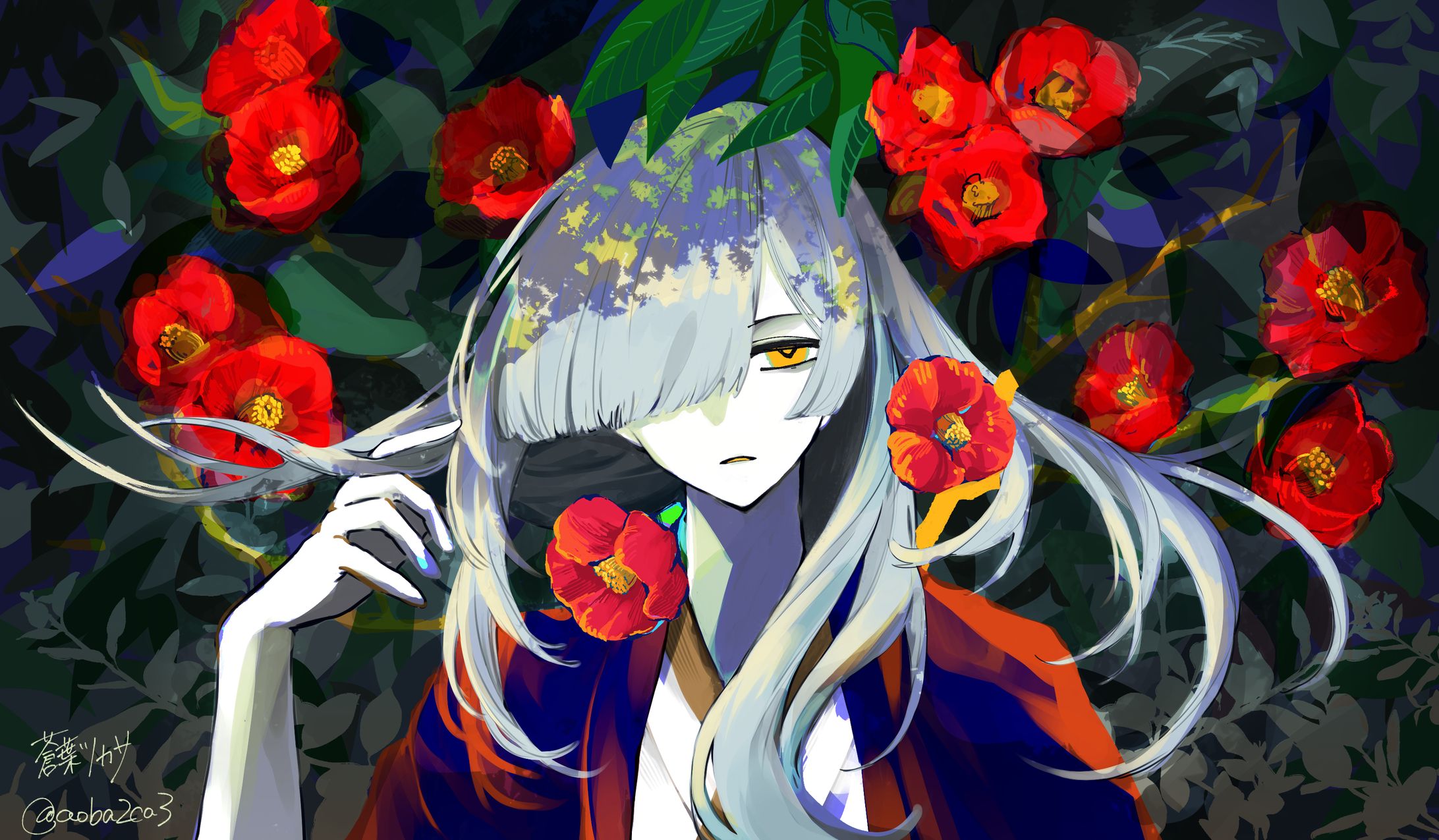 一枚絵／椿と着物の人-1