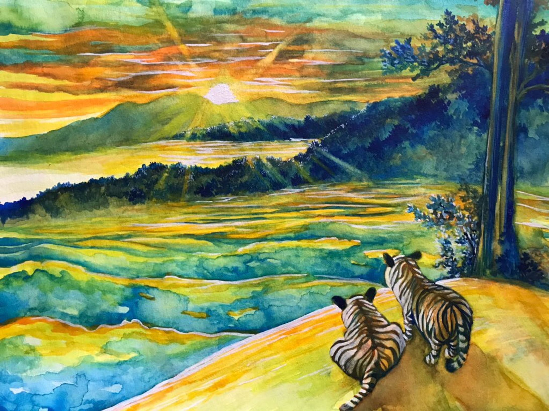 白虎と夕焼け　水彩-1