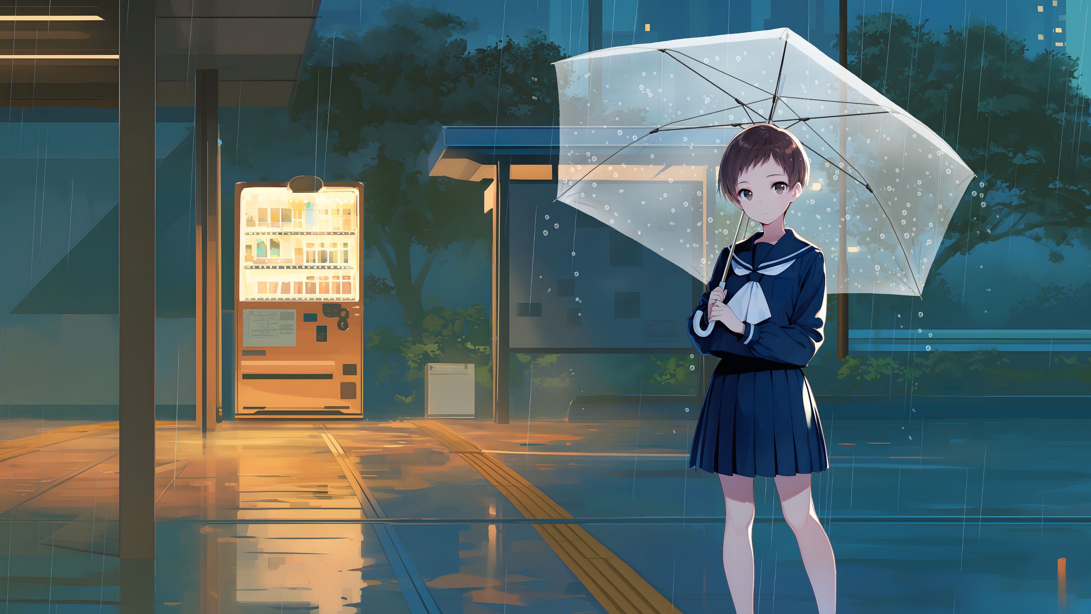 雨の夕方、バス停に立つ女子学生｜A Schoolgirl Waiting at a Bus Stop on a Rainy Evening-1