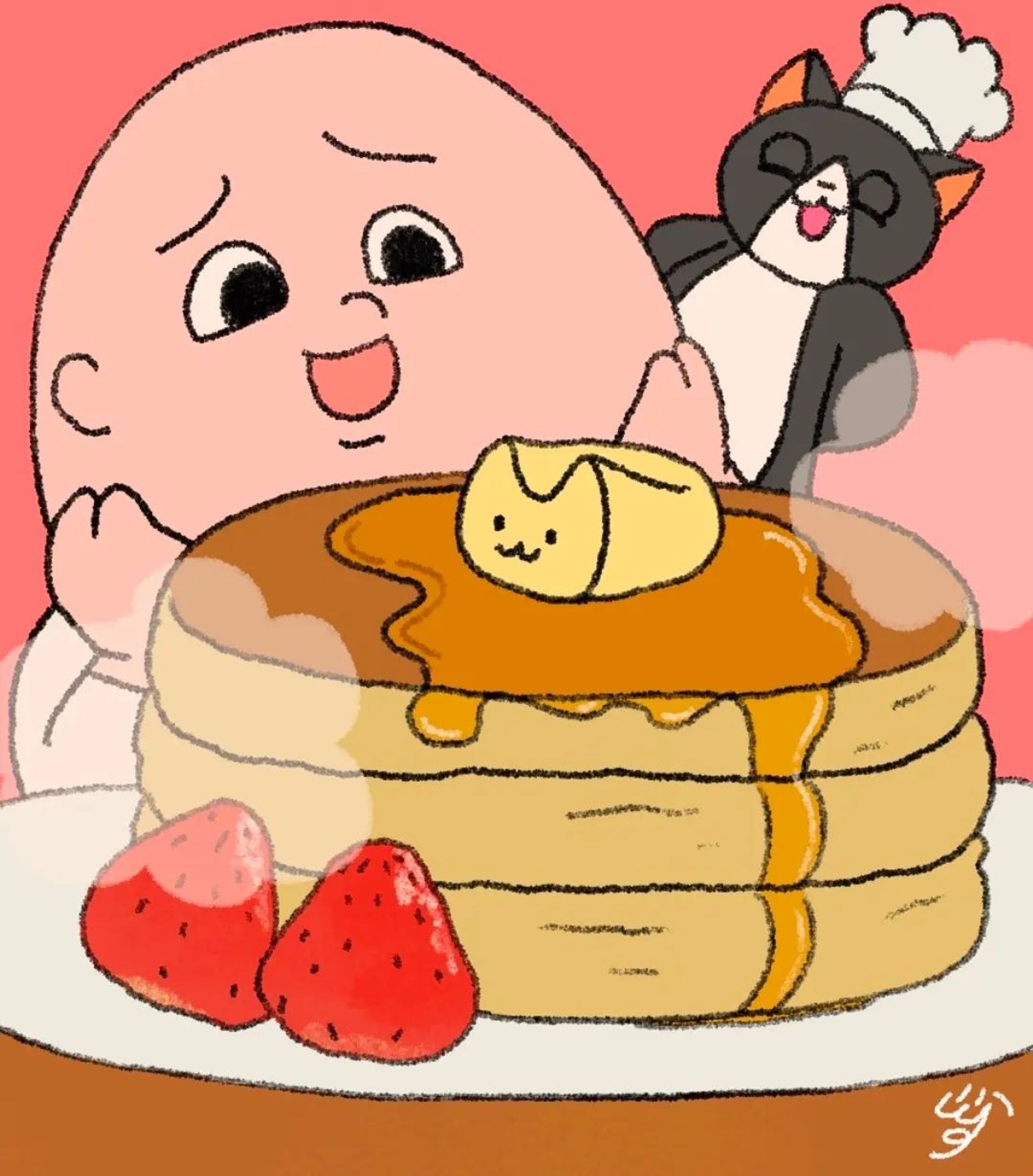 【シロップたっぷり！ホットケーキ】
#イラストグラム #シュールなおじさん #ゆるいイラスト #ゆるかわイラスト #ほのぼの #かわいいイラスト #シュールなイラスト #tiktok #デザイン #デジタルイラスト  #カートゥーン #ほっこり #食べ物イラスト #パンケーキ #ハチワレ #ねこすたぐらむ #illustration #instagood #procreate #art-1