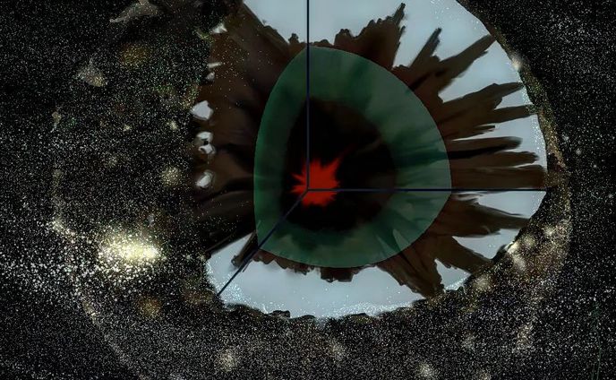 20220215.　#バースセイバー　711号室のある環を持つ土塊の星の外見と断面。中心から赤がマントル、焦げ茶～茶が溶岩柱や土（地面）、薄緑が海、薄青が中空、外殻と外殻を覆う塵やガスと衛星のある環。生き物は外殻の内側に暮らしています。
がんばりました。雰囲気で伝わってくれたらいいなー（白目。 #ごりごりごりっと芯減らし訓練 #originalcharacter　#ARTISULd16pro #clipstudiopaintpro #一次創作 
#amateurillustration #digitalillustration