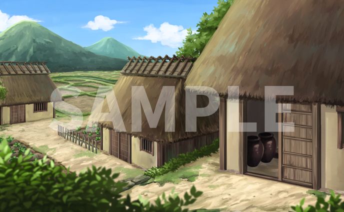 茅葺き屋根の建物のある農村