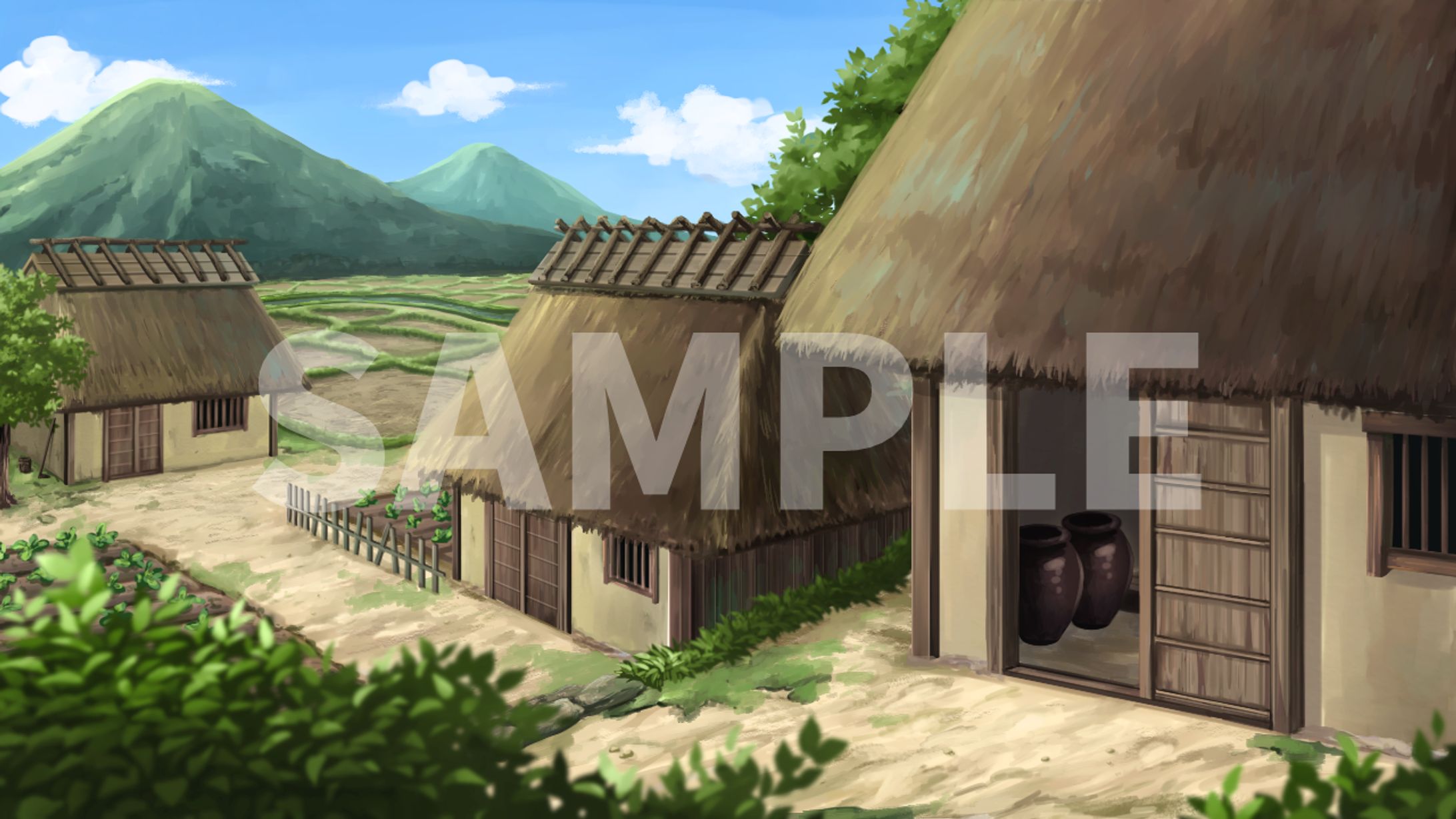 茅葺き屋根の建物のある農村-1